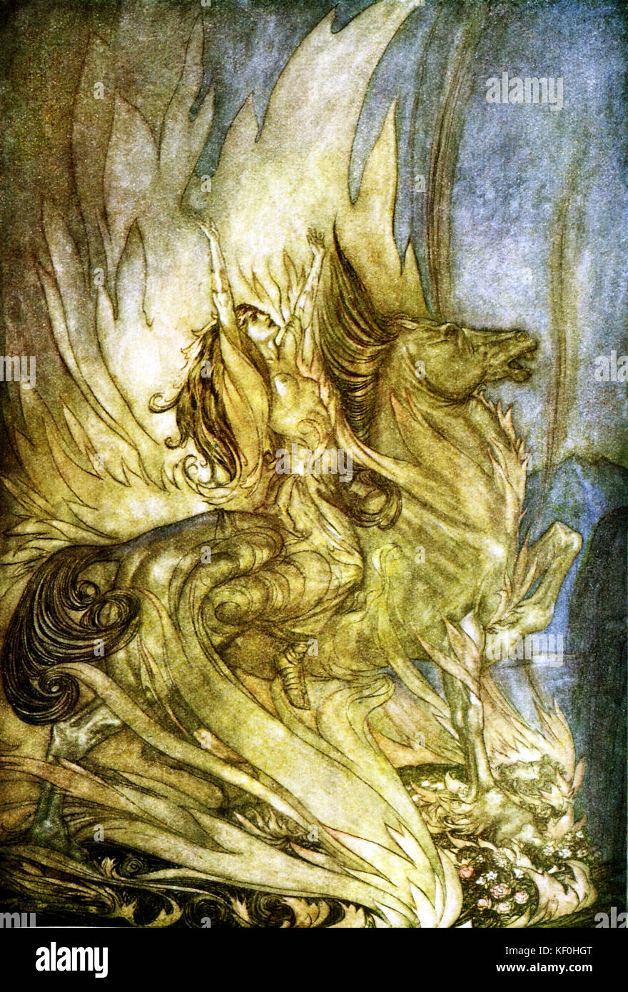 Le Crépuscule des Dieux / Göttterdämmerung par Richard Wagner. Brünnhilde se immole par montant le cheval Grane sur Siegfried s bûcher. Illustration par Arthur Rackham 1867 - 1939. Légende : Brünnhilde sur Grane bondit sur le bûcher ou Siegfried' Loi 3. À partir de 'l'Anneau du Nibelung" / "Der Ring des Nibelungen'. RW compositeur allemand & auteur, 22 mai 1813 - 13 février 1883. Banque D'Images