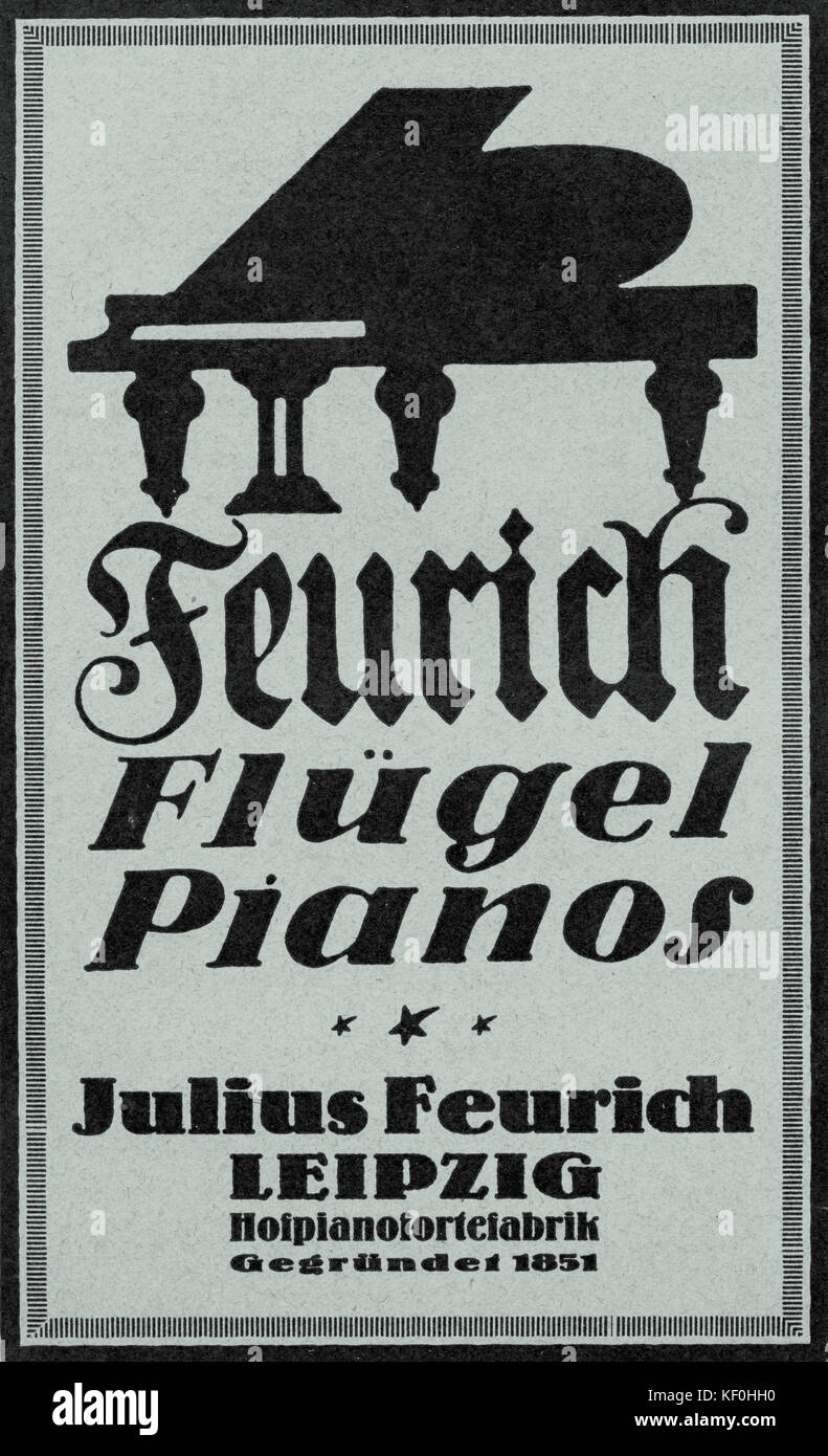 Publicité pour pianos Feurich. Silhouette d'un grand piano. Légende : 'aile Feurich pianos. Julius Feurich. Leipzig. Fabrique de piano Concert fondateur 1851'. À partir de 'Offizieller Bayreuther Festspielführer', 1924. Banque D'Images