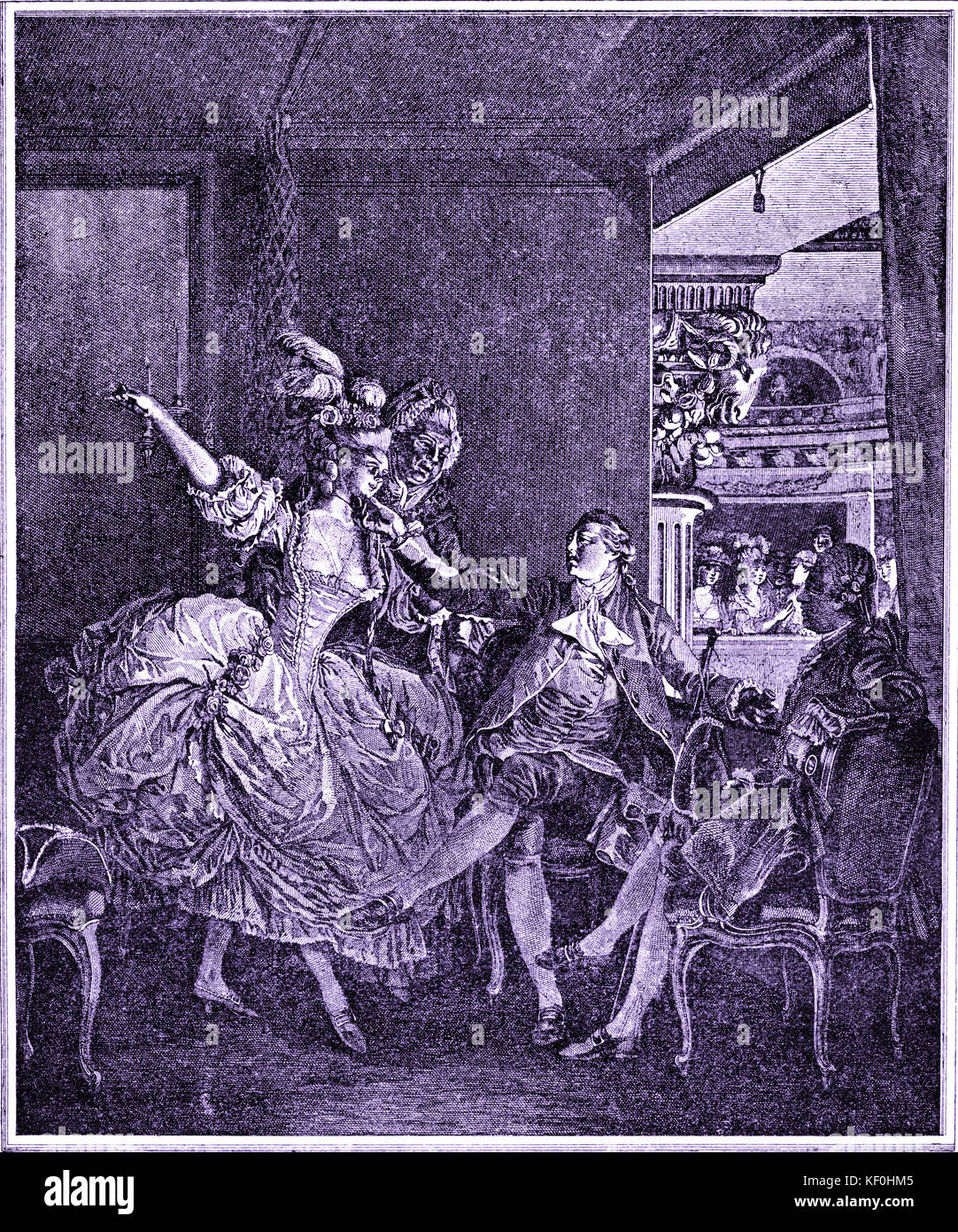 (Jean Michel), Moreau le Jeune 's dessin 'La vie d'un petit maitre' - La Loge à l'Opéra. Les us et coutumes de Paris au temps de Louis XVI, 1782. Message d'un homme est une femme dans une boîte de l'opéra. Peintre, dessinateur, graveur, 1741 - 1814. Banque D'Images