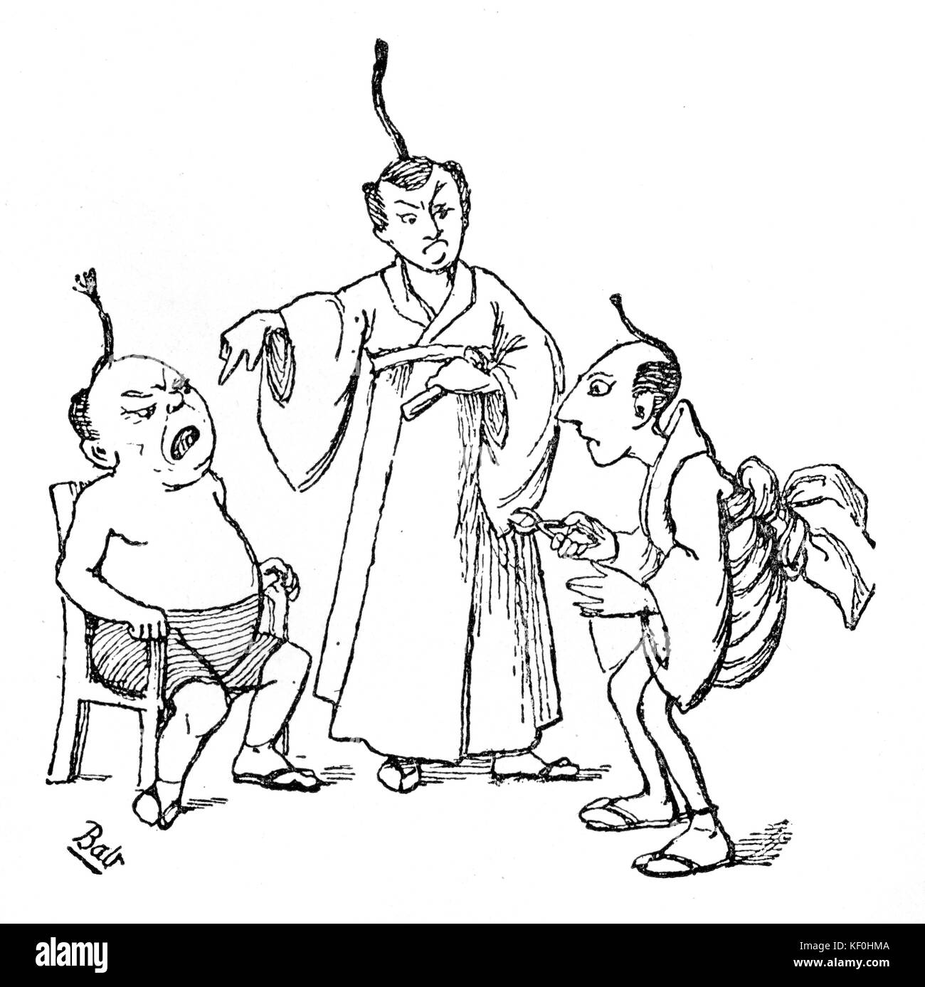 Gilbert et Sullivan 's opéra comique "Le Mikado", 1885. 'L'Humane Mikado'. Dessiné par W.S. Gilbert. Le Mikado supervise la torture d'un prisonnier. A.S. Sullivan, compositeur anglais 13 mai 1842 - 22 novembre 1900. W.s. Gilbert , librettiste anglais, 18 novembre 1836- 29 mai 1911 Banque D'Images