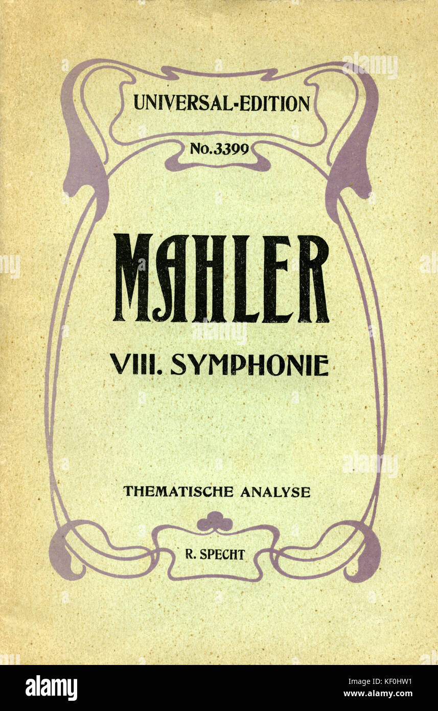 La 8e Symphonie de Gustav Mahler, couverture de livre à partir de la '8ème Symphonie de Gustav Mahler, l'analyse thématique par Richard Specht. GM : compositeur allemand 1860-1911. Banque D'Images
