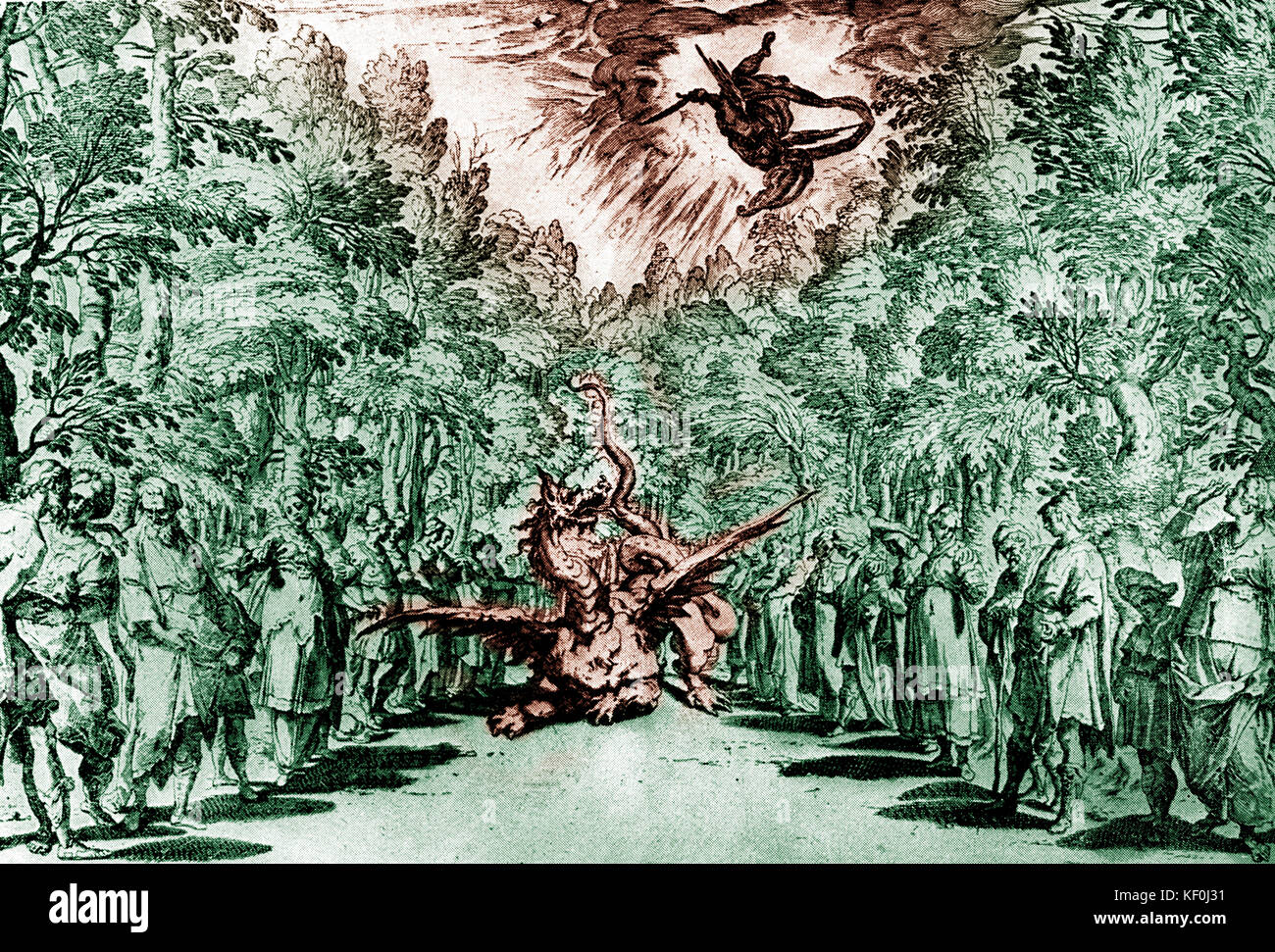 Auxi florentin de 1589 - Battaglia pitica. Conçu par Bernardo Buontalenti pour la troisième intermedio du mariage 1589 Medici : Apollo' s la descente de la nuée à vaincre le dragon Python. (Auxi a tenté de recréer ce qu'on croyait être le monde antique l'intégration de la musique, le théâtre et mise en scène). Version teintée. Banque D'Images