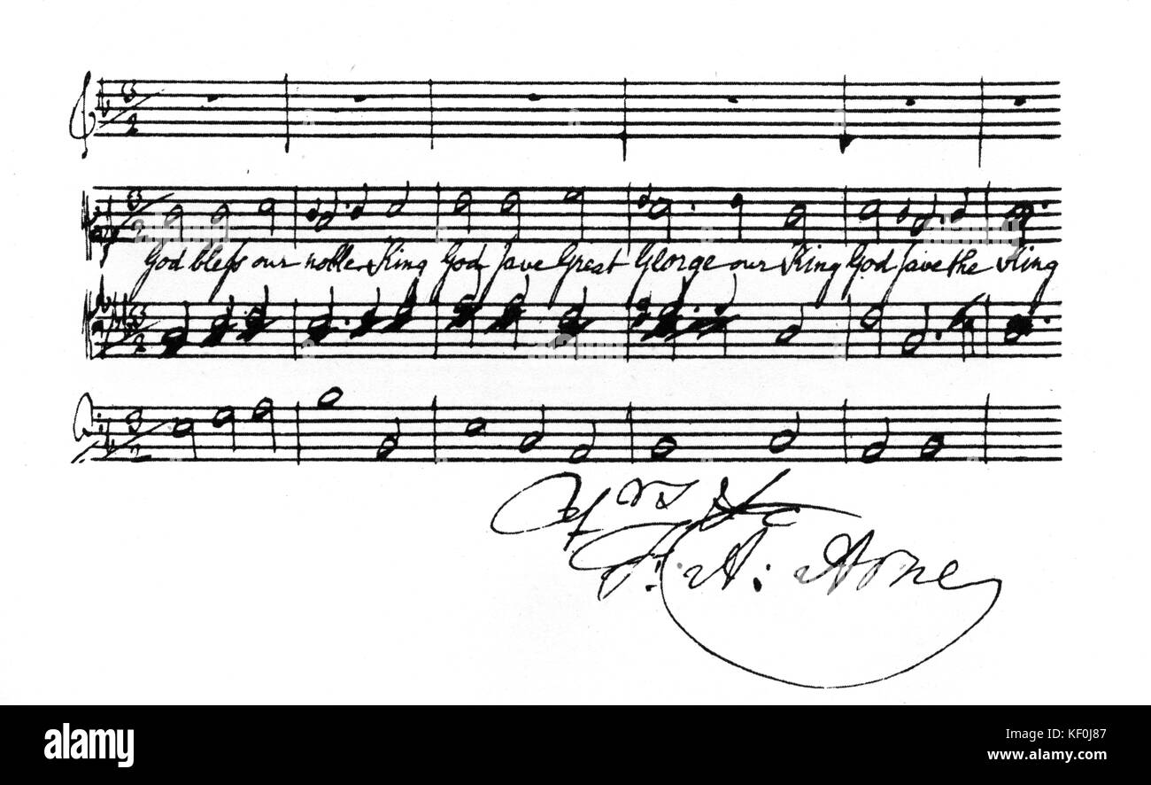 L'hymne national britannique par Thomas Augustine Arne , version précoce dans l'écriture 1745 Arne avec signature. Compositeur anglais, 28 mai 1710 - 5 mars 1778 Banque D'Images