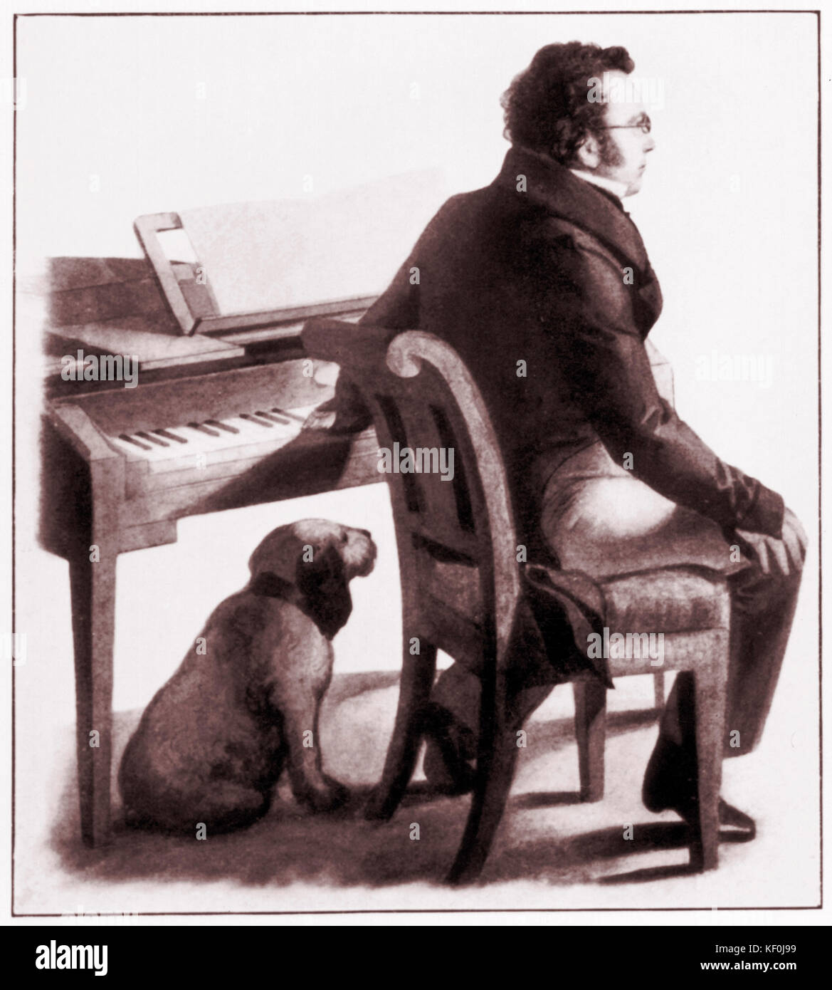 Franz Schubert - portrait au piano avec chien - compositeur autrichien à Atzenbrugg - Château - partie de la peinture par Kupelweiser de Schubert à regarder ses amis jouer aux charades - 31 janvier 1797 - 19 novembre 1828 Banque D'Images