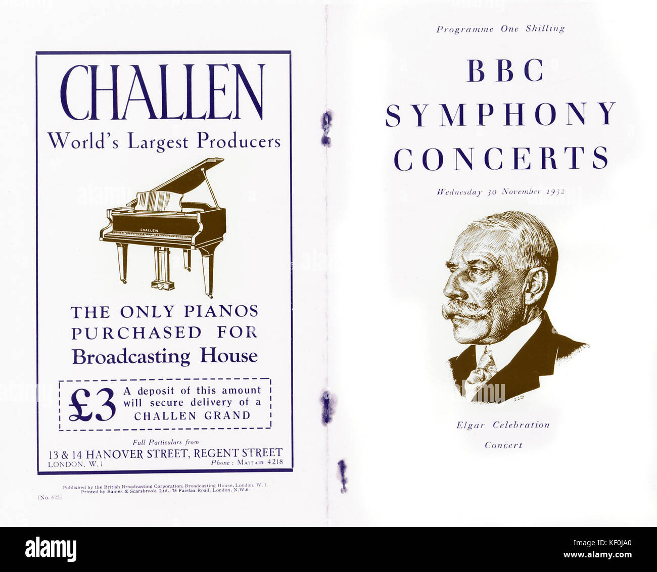 CONCERT de célébration ELGAR 30 novembre 1932 concert symphonique de la BBC 1932 au Queen's Hall / Queens Hall. Elgar 1857-1934. Compositeur anglais Banque D'Images