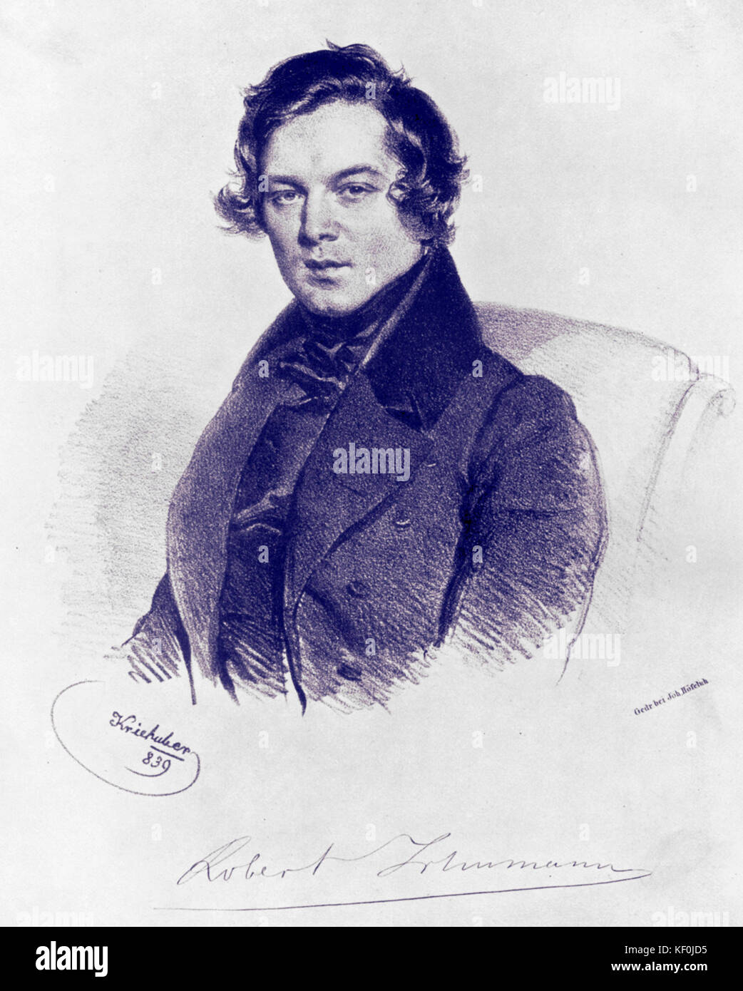 Robert Schumann, dessin de Joseph Kriehuber -signé par le compositeur. Compositeur allemand, 1810-1856. Banque D'Images
