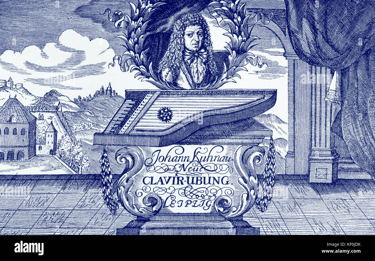 Kuhnau, J -Neue Clavir Ubung page titre pour piano. Les travaux ont été Kuhnau 9610 un modèle d'Haendel etc et publié par le compositeur. 1660-1722.allemand, compositeur, organiste, claveciniste, écrivain sur la musique. Banque D'Images