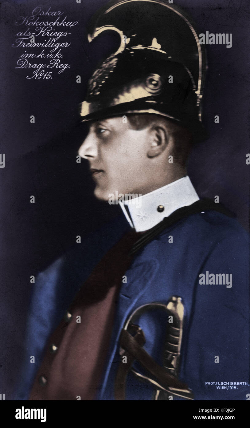 Oscar Kokoschka comme volontaire dans le régiment de Dragons Royal 5. Portrait pris à Vienne, 1915. Artiste autrichien 1 mars 1886 - 22 février 1980. Version colorisée. Banque D'Images