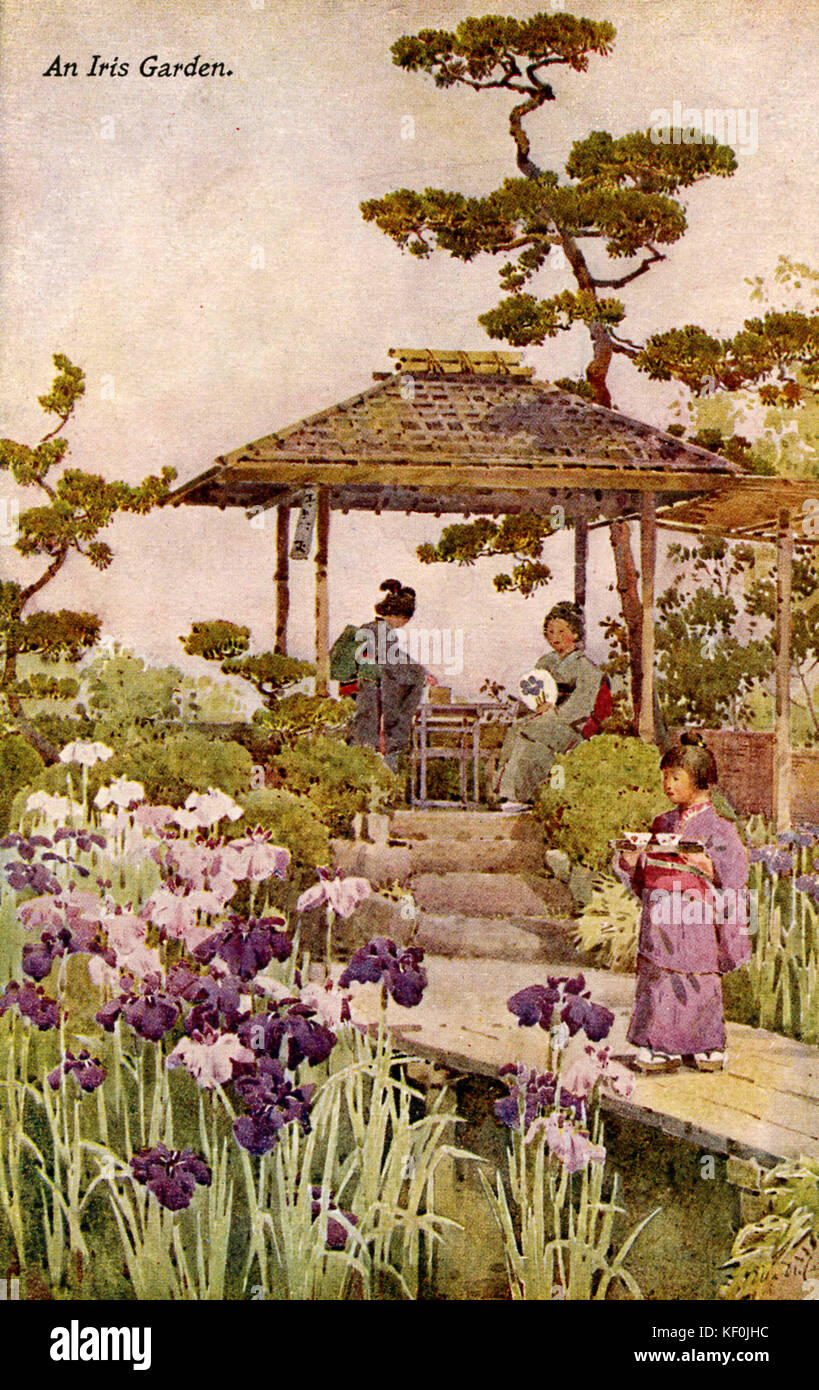 "Un jardin d'Iris", au Japon. À partir de la série "fleurs et jardins du Japon' par Ella Du Canne à sucre (1874-1943). Carte postale. Banque D'Images