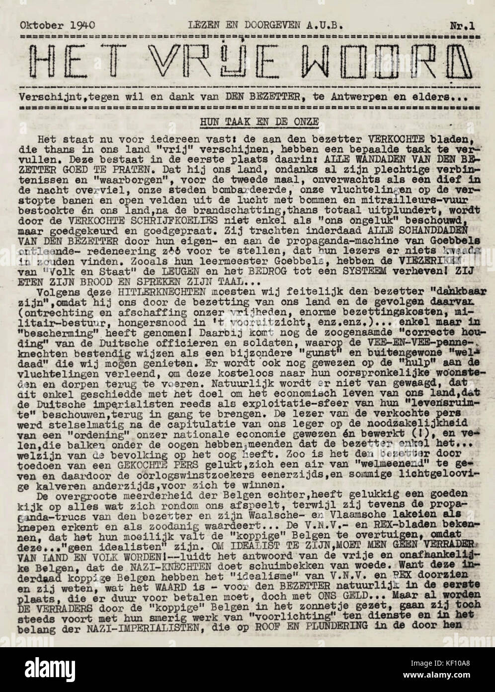 Het Vrije Woord Oktober 1940 Banque D'Images