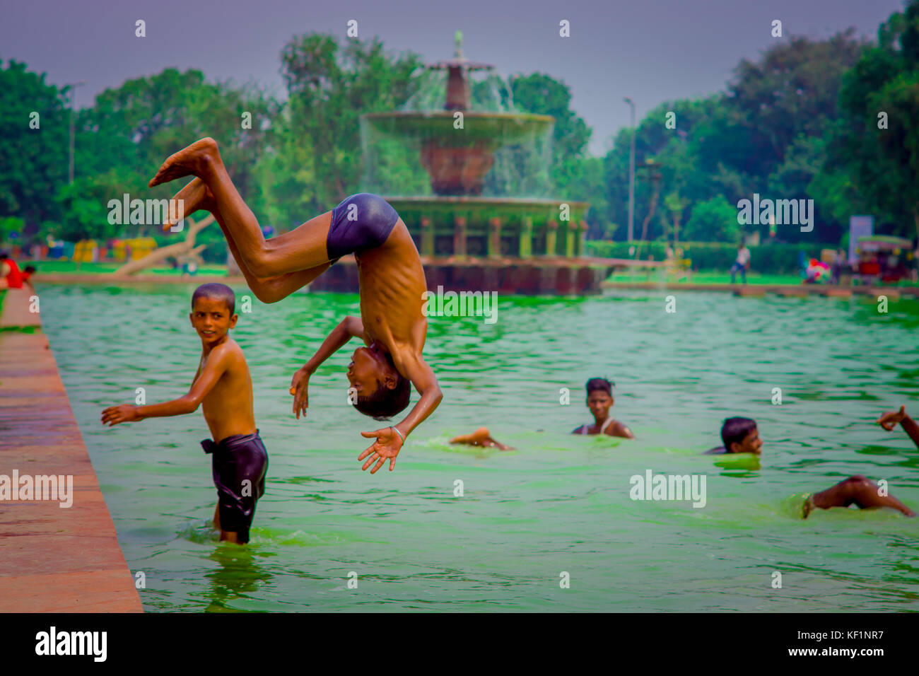 Delhi, Inde - le 16 septembre 2017 : groupe de garçons indiens smming et un seul garçon faire un saut dans l'eau, le vert de l'eau dans un étang dans la région de Delhi, Inde Banque D'Images