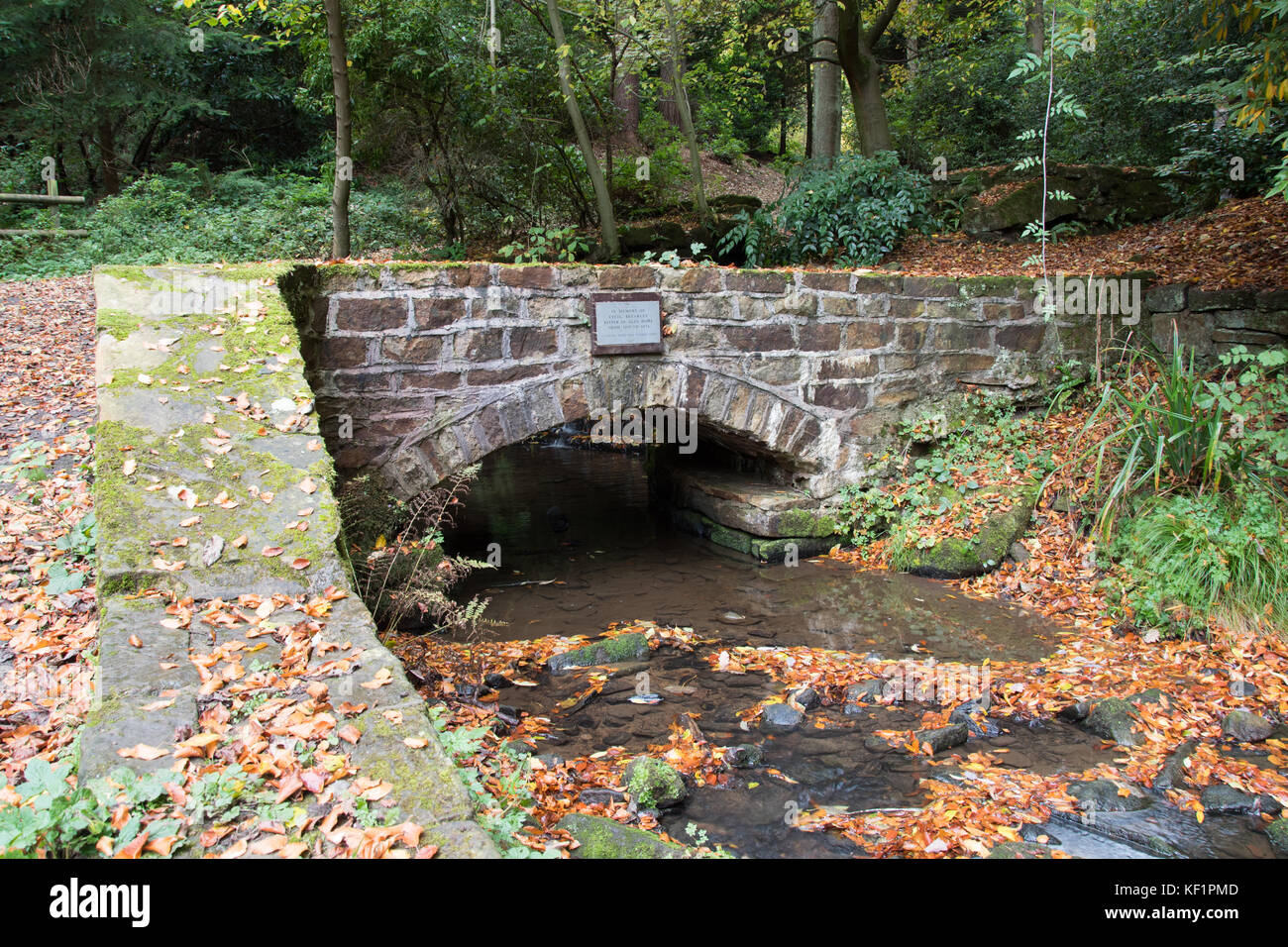 Sheffield, UK - Jan 2015 : Tinker Brook passe sous une passerelle en brique arch Glen Howe park le 18 Jan 2015 près de Wharncliffe Side Banque D'Images