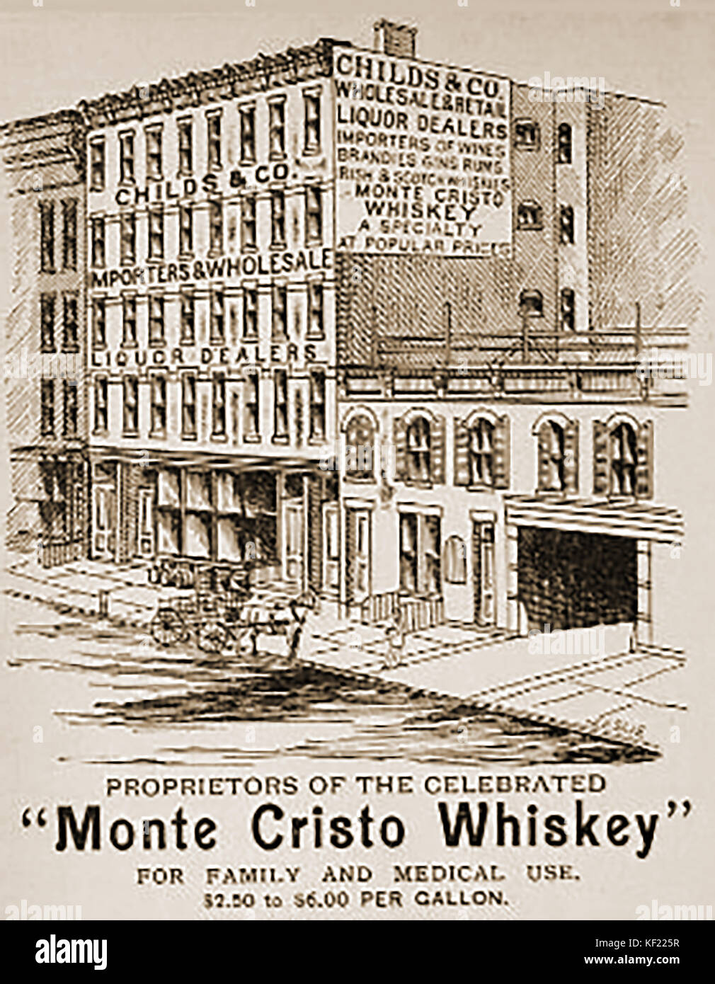 1890 1890 Une publicité montrant les locaux de New York de l'enfant et de la société propriétaires de Monte Christo Whiskey USA - (Enfant & Co.) ventes en gros et au détail de l'alcool d'un courtier en vin, brandy, etc. Banque D'Images