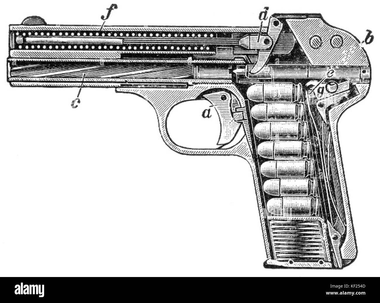 Une photographie détaillée du Browning Selbstladepistole, un pistolet semi-automatique, étiqueté LA2 Blitz 0150. Cette arme à feu, connue pour sa conception robuste, a été une partie importante de l'armement militaire pendant la première Guerre mondiale. Le plan rapproché met en évidence l'artisanat détaillé et la fonctionnalité. Banque D'Images