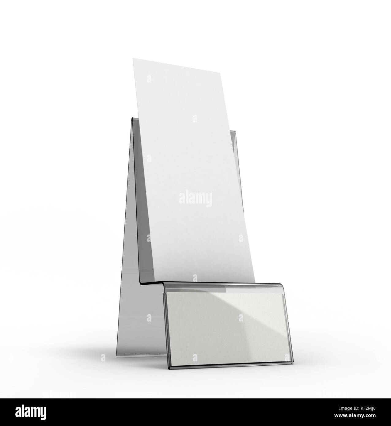 Support pour livrets avec des feuilles de papier blanches sur un fond blanc Banque D'Images