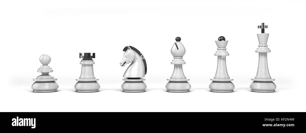 Ensemble de pièces d'échecs en bois blanc isolé sur fond blanc Banque D'Images