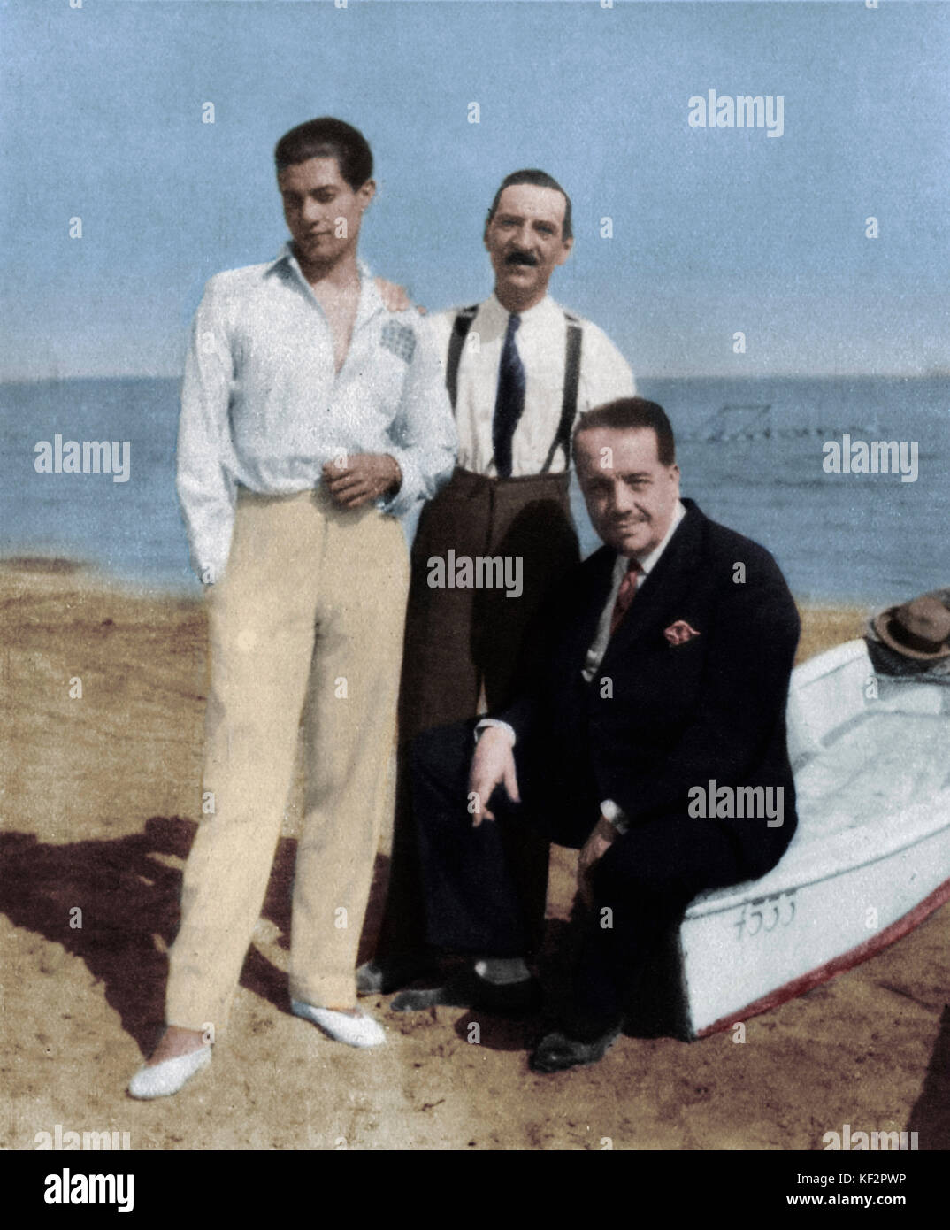 Serge Lifar - à Venise avec Sergei Diaghilev et Walter Nouvel. Danseur et chorégraphe de ballet d'Ukraine, le 2 avril 1905 au 15 décembre 1986. Version colorisée. Banque D'Images