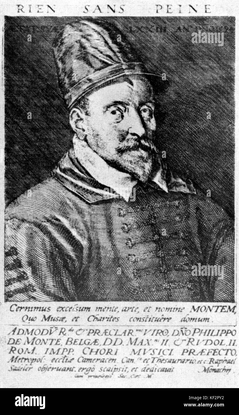 Portrait de Philippe de Monte / Philippus de Monte, (1521 - 4 juillet 1603), compositeur flamand de la fin de la Renaissance. Membre de la 3e génération et plus madrigalists a écrit des madrigaux que tout autre compositeur de l'époque. Après une gravure de Raphaël Sadeler. Banque D'Images
