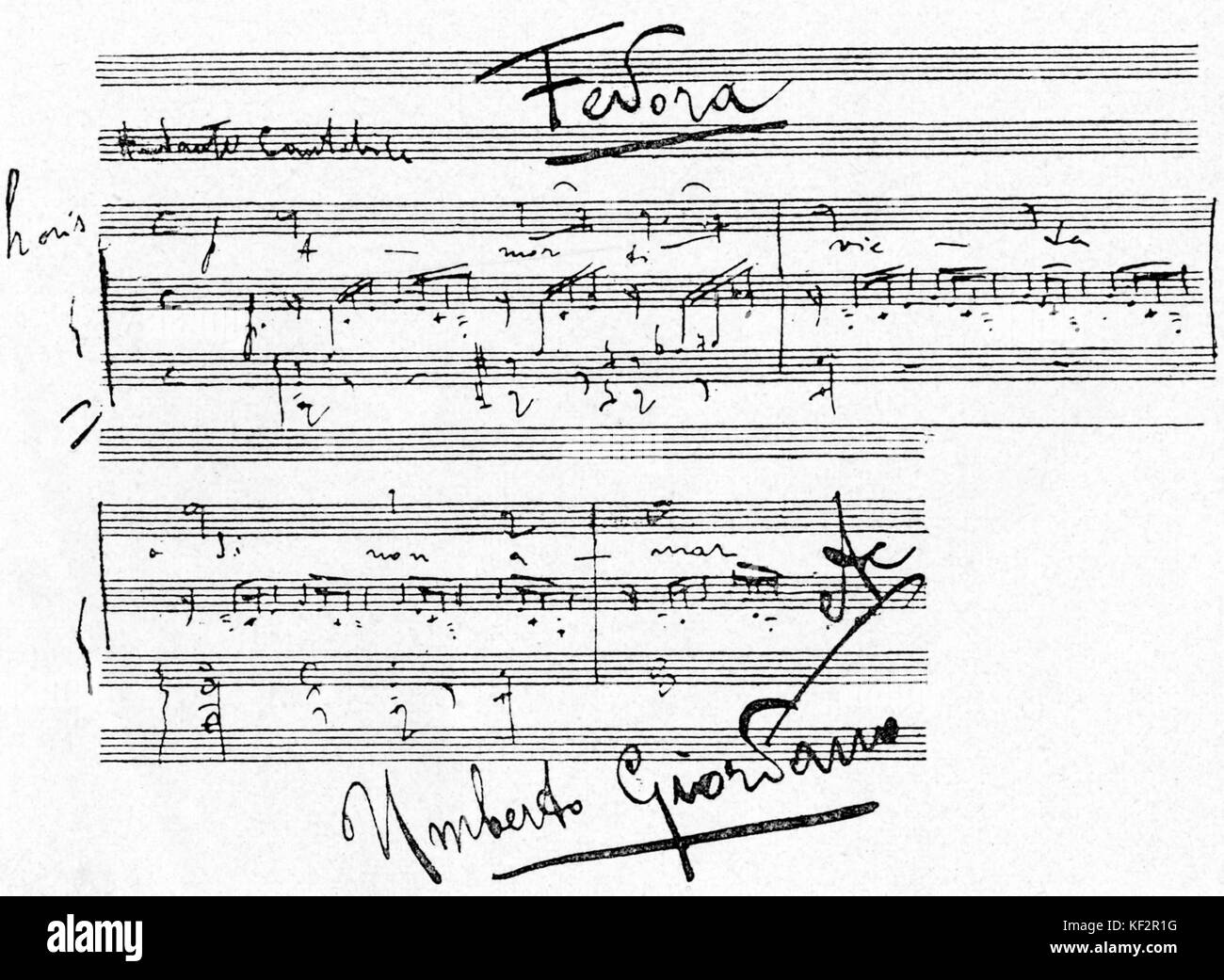 Fedora - page manuscrit autographe du compositeur avec Umberto Giordano. UG : compositeur d'opéra italien, le 28 août 1867 - 12 novembre 1948 Banque D'Images