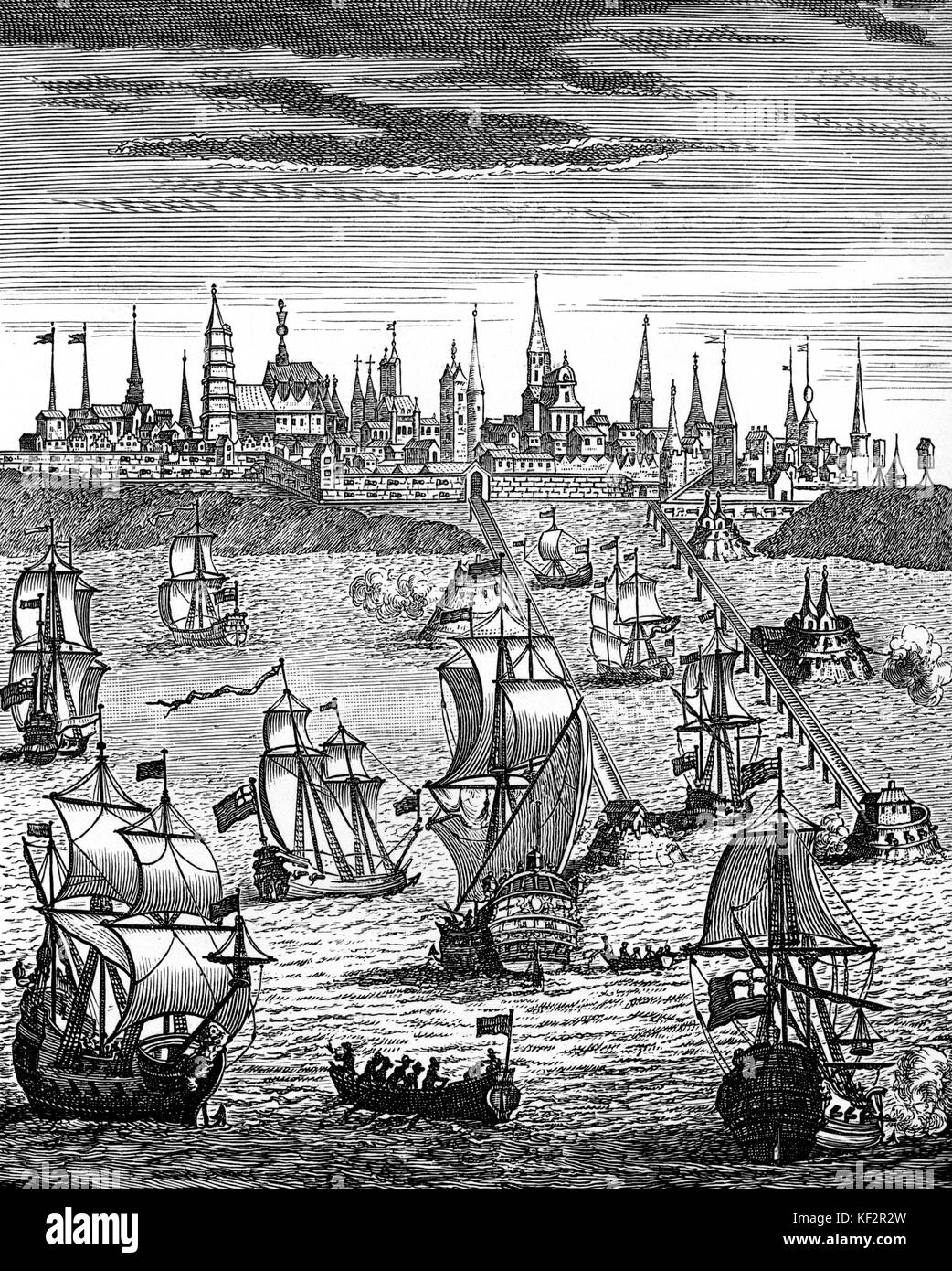 L'escadron anglais arrivant à Dunkerque. Sous-titre suivant : 'Anglais transportant des troupes de l'Escadron de prendre possession de Dunkerque". Dunkerque, 'commune' dans le Nord de la France. À partir de 'l'histoire de la reine Anne", 1740. Banque D'Images