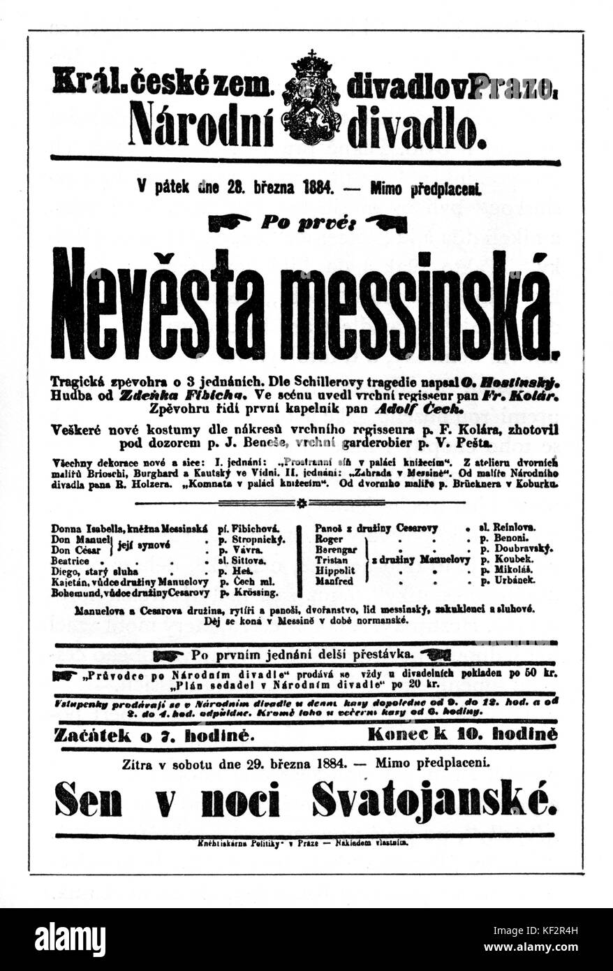 La fiancée de Messine / Messinska Nevesta affiche - opéra en trois actes par le compositeur Zdenek Fibich. Effectuée au Théâtre National de Prague, 28 mars 1884. Compositeur tchèque, ZF : 21 décembre 1850 - 15 octobre 1900 Banque D'Images