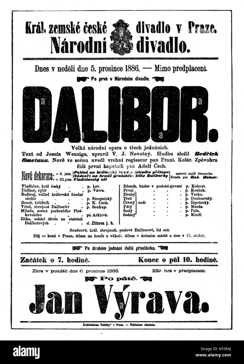 Dalibor affiche - République tchèque opéra en trois actes par Bedrich Smetana. Effectuée au Théâtre National de Prague, 5 décembre 1886. BS : compositeur bohémien, 2 mars 1824 - 12 mai 1884. Banque D'Images