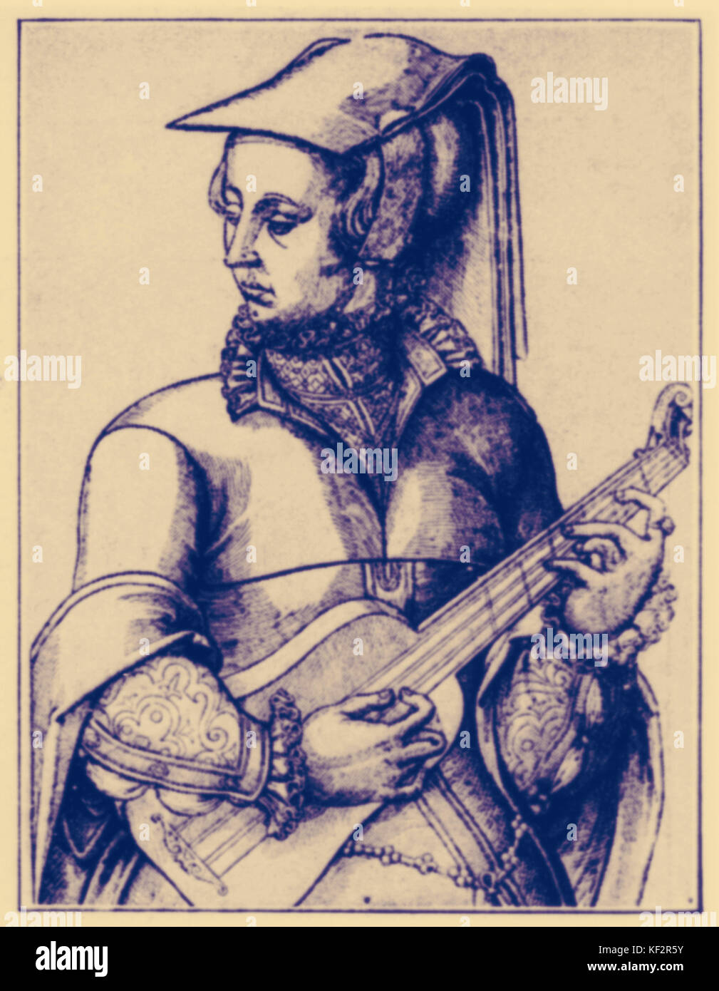 Femme jouant de la guitare, c.1570 à partir de la série de gravures sur bois français non signé Banque D'Images