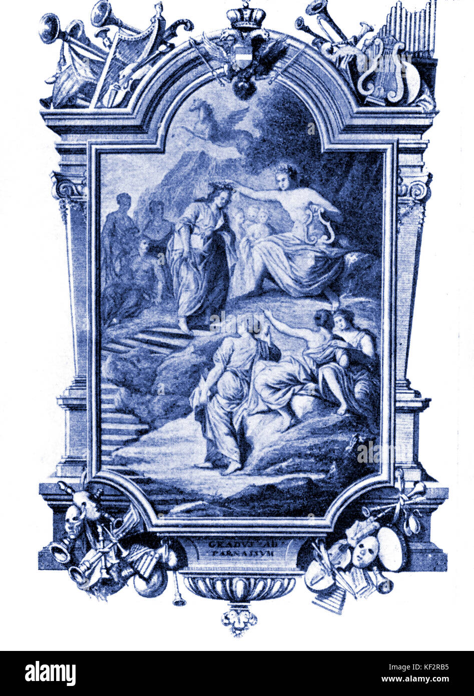 Johann Joseph Fux - frontispice gravé au compositeur autrichien, traité "gradus ad Parnassum", Vienne, 1725. JJF : 1660 - 13 février 1741. L'un des livres les plus influents sur le style de la Renaissance Palestrina polyphonie. Banque D'Images