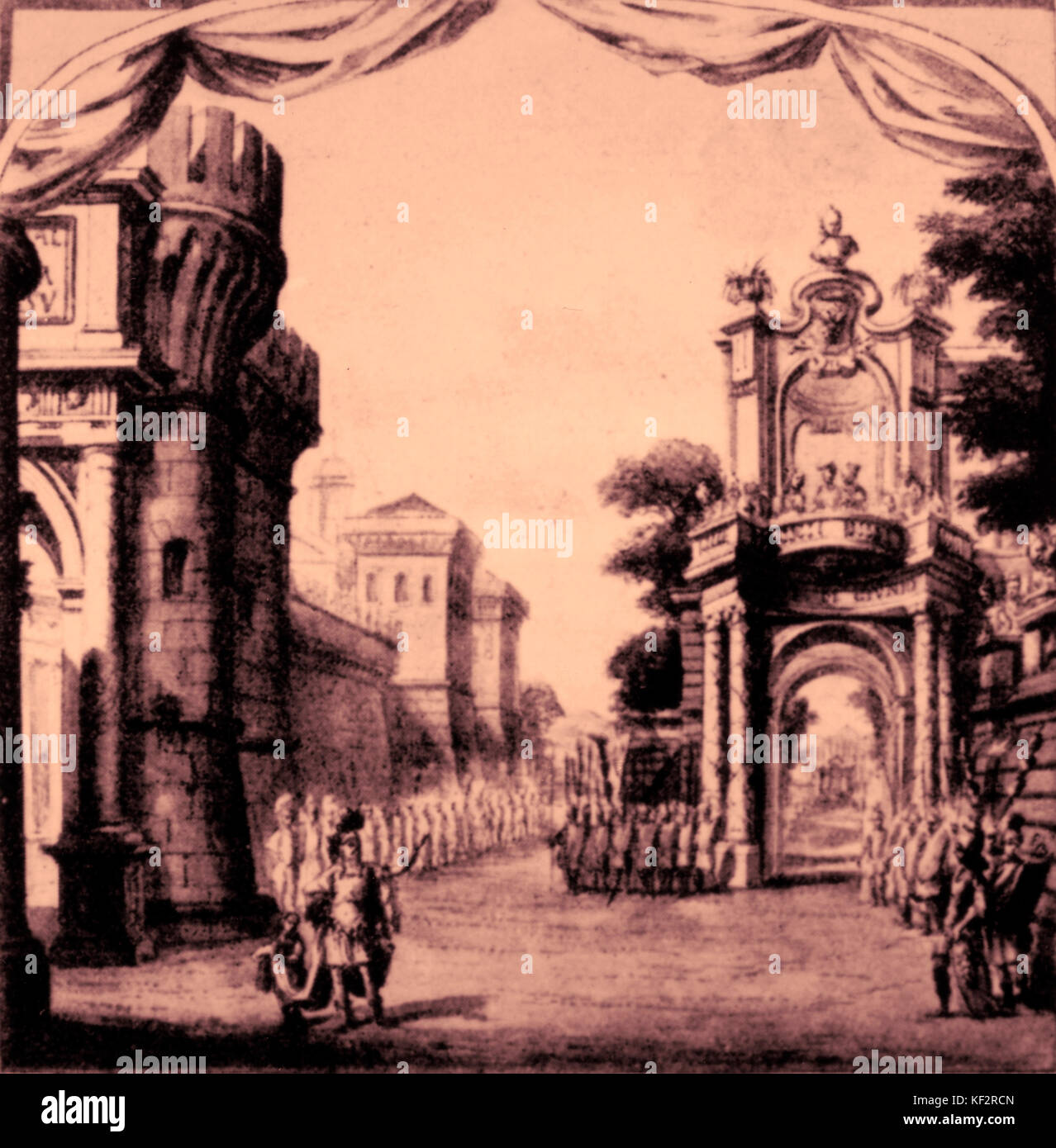 Carlo Francesco Cesarini - GIUNIO BRUTO CANTINA - opéra en 3 actes, jouée pour la première fois en 1707. L'Acte I par CESARINI, Acte II par Antonio Caldara ; l'Acte III d'Alessandro Scarlatti. À partir d'une aquarelle de Filippo Juvara Banque D'Images