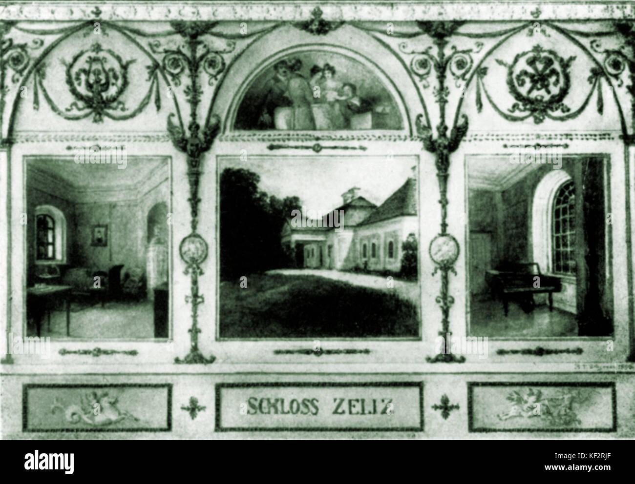 Franz Schubert - Château de Zelesz Ungarn - montrant (g à d) - habitation de Schubert, l'extérieur du château, piano - Quatuor de chant ci-dessus au centre du Baron Schonstein, comte Esterhazy, Comtesses Marie et Karoline, Schubert au piano par un F Seligmann - Schubert, compositeur autrichien - 31 janvier 1797 - 19 novembre 1828. Banque D'Images