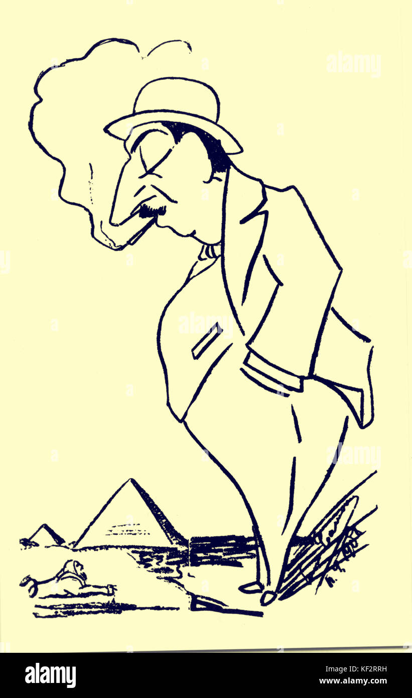 Giacomo Puccini - en Egypte, le tabagisme. Caricature de Caruso. Compositeur italien : 22 décembre 1858 - 29 novembre 1924. Banque D'Images