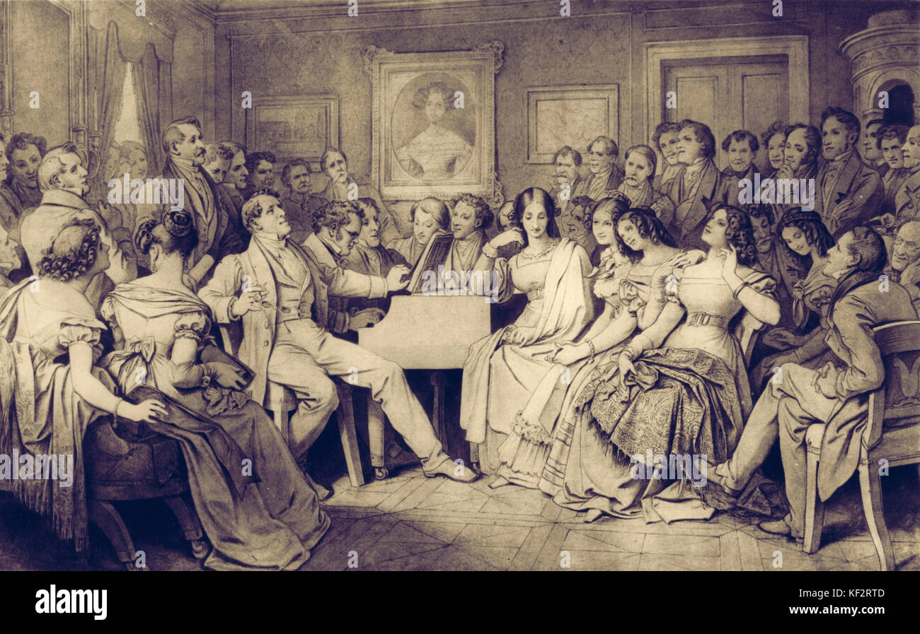SCHUBERT, Franz - chubertiade «' ; une soirée à Spaun's par Moritz von Schwind. Auditoire visé comprend : von Schwind, Rieder, Kupelwieser, Lachner, von Spaun, Grillparzer. Compositeur autrichien, 31 janvier 1797 - 19 novembre 1828. Soiree. Social. Franz Schubert Banque D'Images