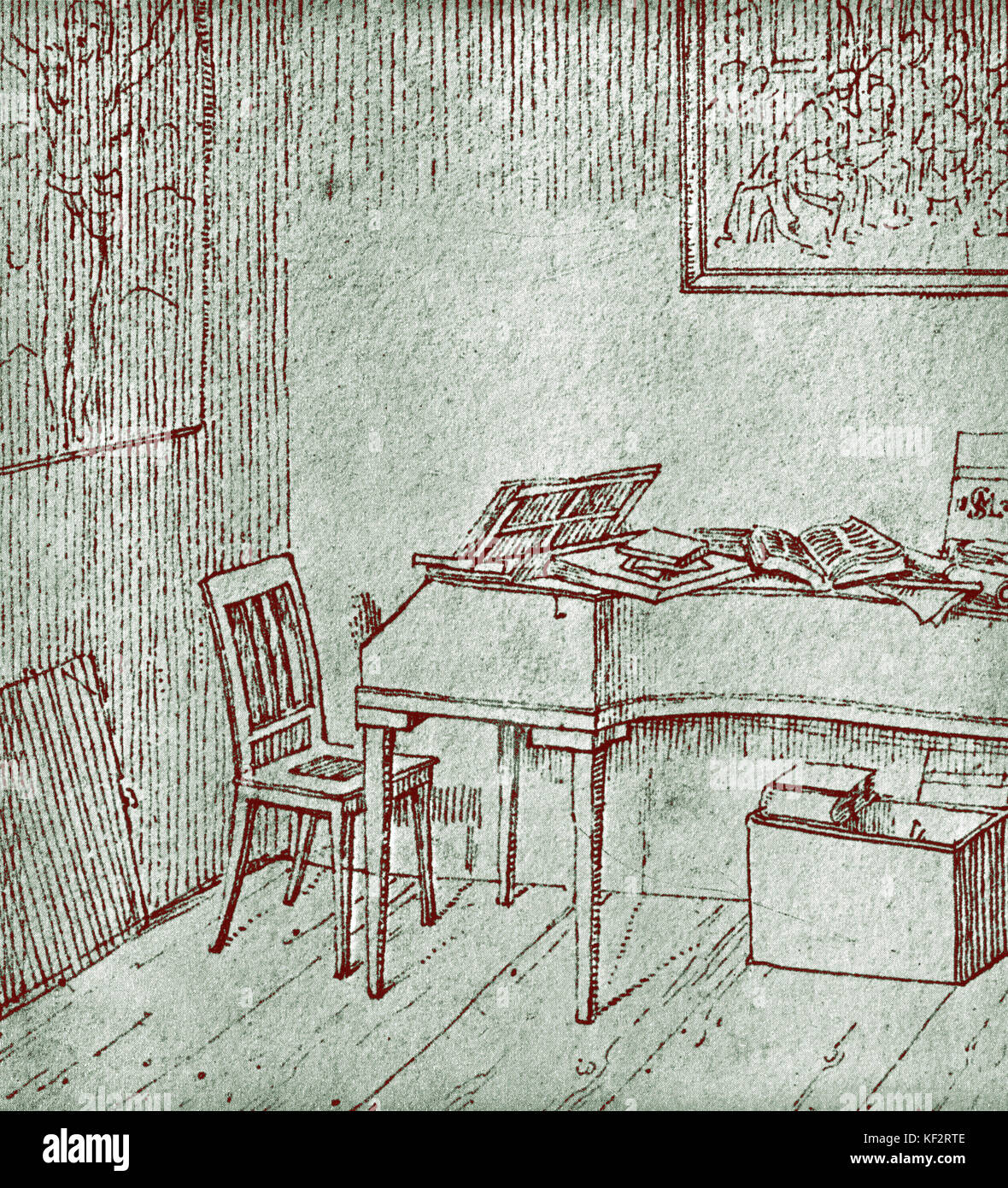 Franz Schubert - piano et son prix en Wipplingerstrasse 350, Vienne - compositeur autrichien - 31 janvier 1797 - 19 novembre 1828 - dessin de Moritz von Schwind Banque D'Images