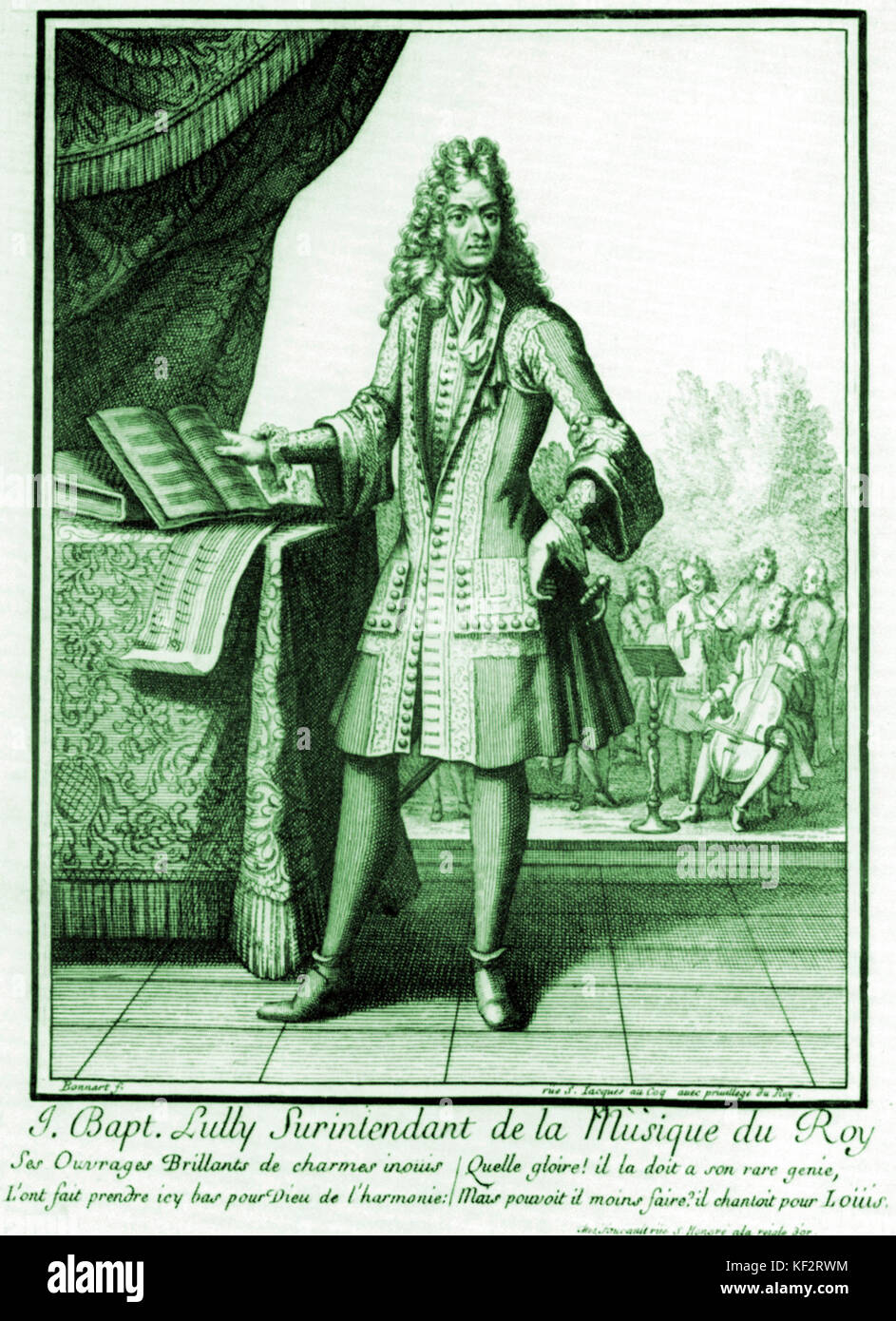 Jean Baptiste Lully avec un groupe d'ensemble de musiciens de la cour derrière lui (violon, viole de gambe) Gravure de Bonnart, Henri (1642-1711). Compositeur franco-italienne, 1632-1687. Banque D'Images