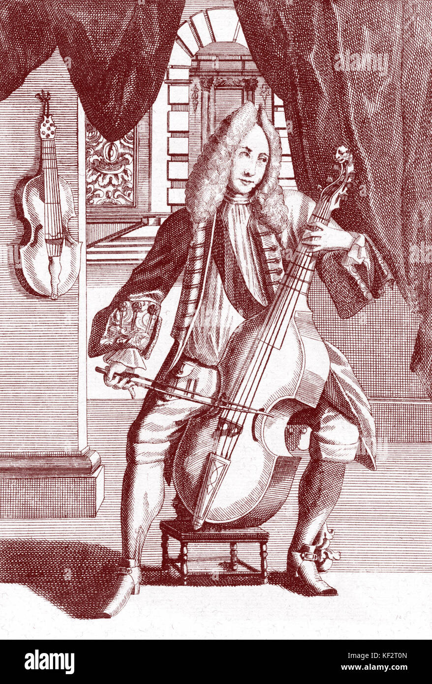 Homme jouant de la viole de gambe. Gravure par J.C. Weigel (1661-1726) de la "usikalisches Theatrum'. Banque D'Images