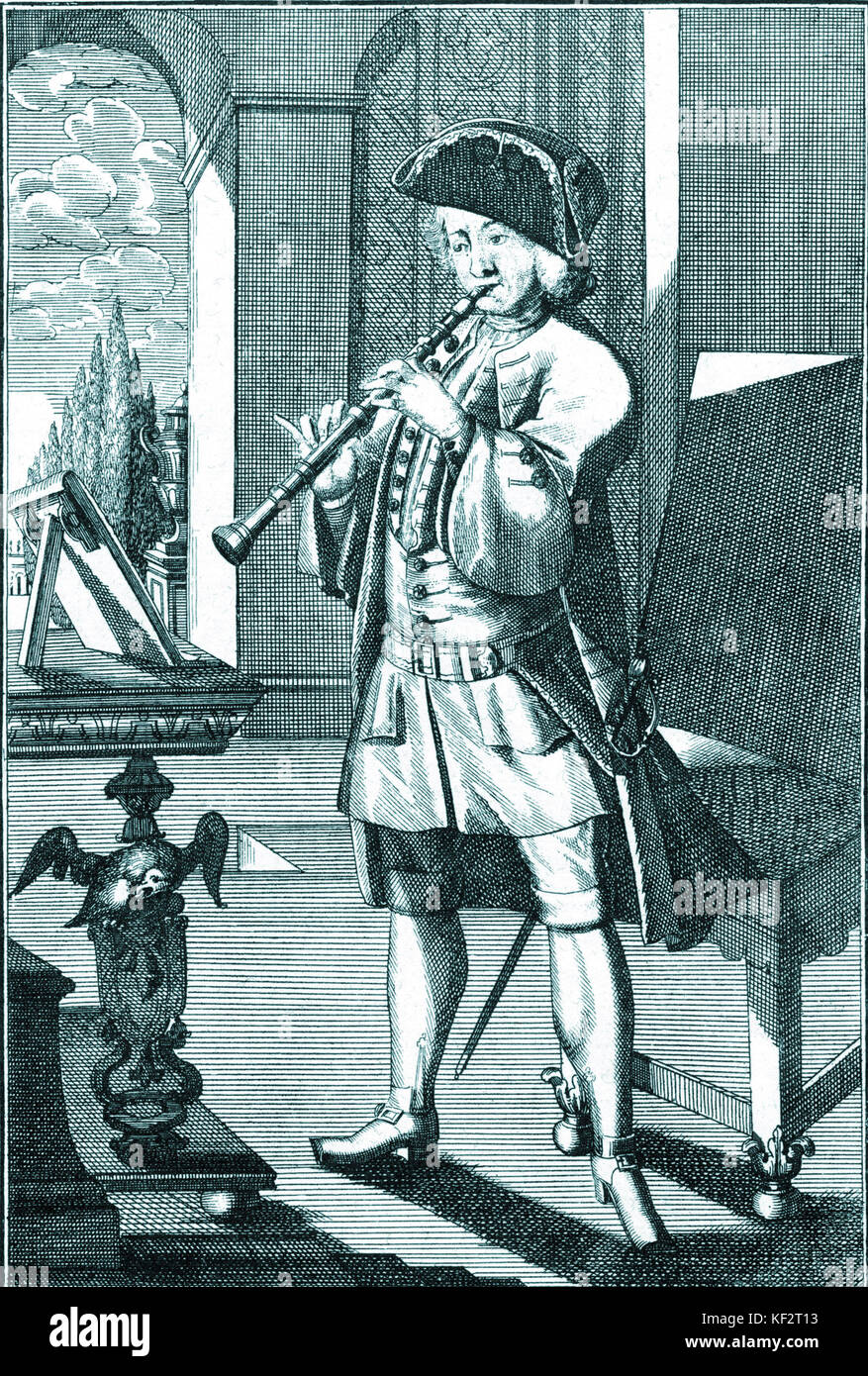 L'homme jouant de la clarinette, par J C Weigel, (1661-1726). Voir concerto pour clarinette de Mozart dans un (K622, 1791). Banque D'Images