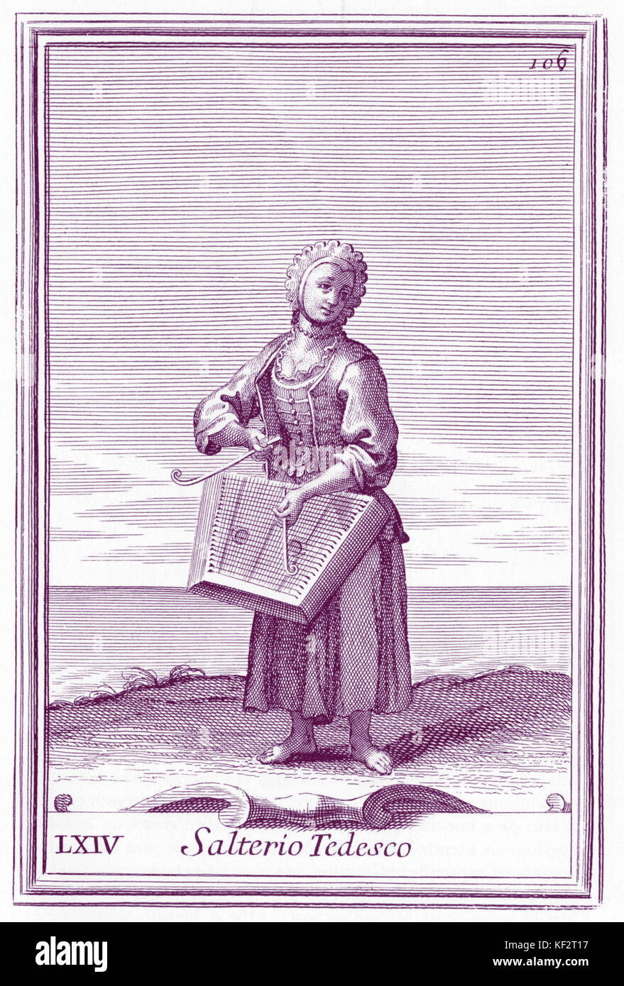 Musicien Dulcimer Salterio Tedesco (psaltérion allemand) de la "Gabinetto Armonico Bonanni" publié en 1723. Gravure par Arnold van Westerhout. Illustration 64 Banque D'Images