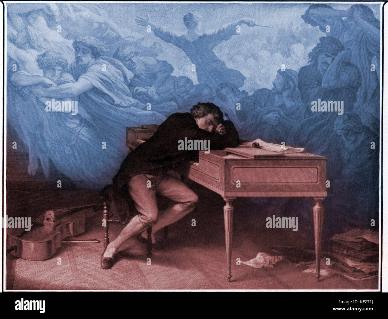 BEETHOVEN, Ludwig van - endormi au piano épuisé après les efforts de composition, B s'endort et rêve un rêve plein de figures allégoriques. Après Leyendecker. Ludwig van Beethoven. Compositeur allemand 1770-1827 Banque D'Images