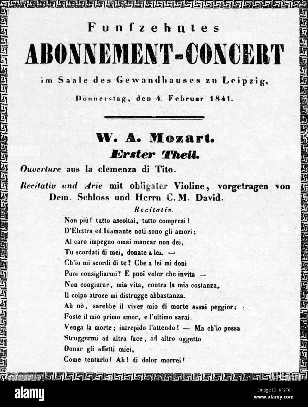 Concert Mozart - programme. 4 février 1841, Gewandeshaus, Leipzig. Organisé et en partie réalisée par Felix Mendelssohn. Compositeur allemand, 3 février 1809 - 4 novembre 1847. Banque D'Images