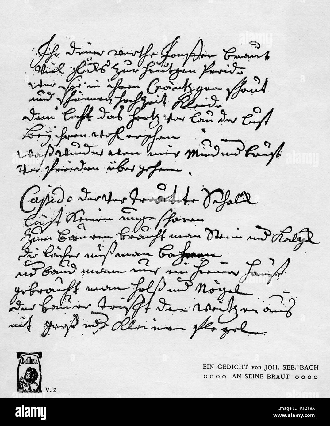 Poème manuscrit de Johann Sebastian Bach à son épouse. Compositeur allemand et organiste, 21 mars 1685 - 28 juillet 1750 Banque D'Images