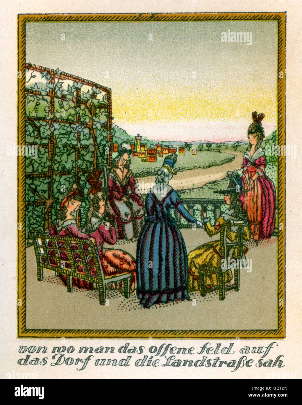 Le voyage de Mozart à Prague, en 1856. Compte rendu fictif de voyage avec son épouse Constanze en automne 1787 à Prague, où son opéra Don Giovanni était de premiere. Sous-titre suivant :'…von wo man das offene feld, auf das Dorf und die landstraße sah' […d'où l'on considérait les champs, le village et la route de campagne']. Partie de dames avec Constanze au Schinzberg estate. EM : Poète romantique allemand et auteur, 8 septembre 1804 - 4 juin 1875. WAM : compositeur autrichien, 27 janvier 1756 - 5 décembre 1791. Banque D'Images