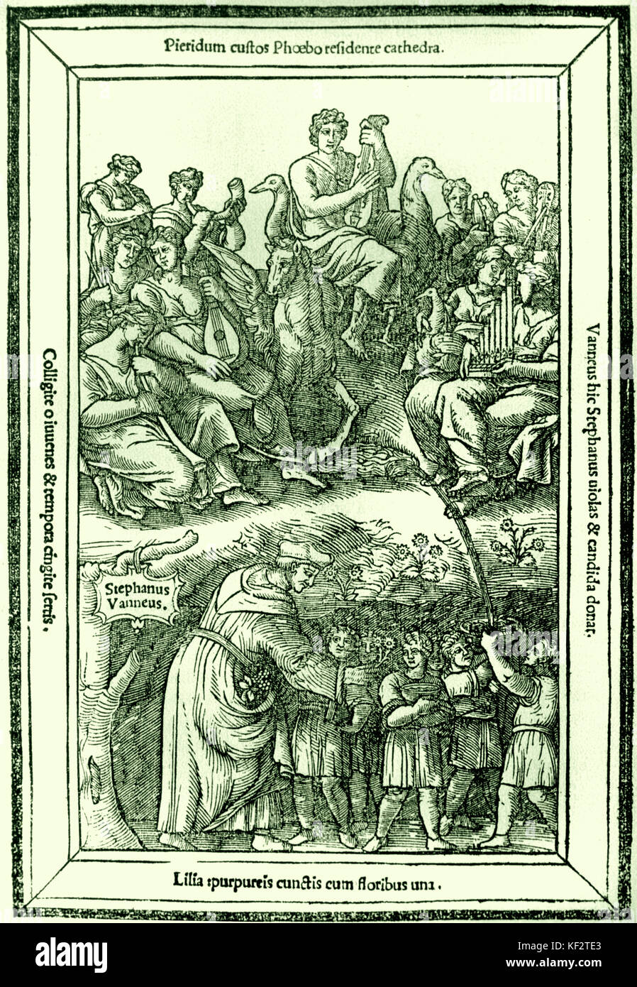 Lyre Apollon jouant entouré de muses à jouer de la trompette, cor, luth, violon, tambour portatif. Photo de Stephanus, un Vanneus Recanetum page de son de Musica Aurea, Rome, 1533. La théorie musicale et l'histoire. Manuscrit Renaissance du xvie siècle. Banque D'Images