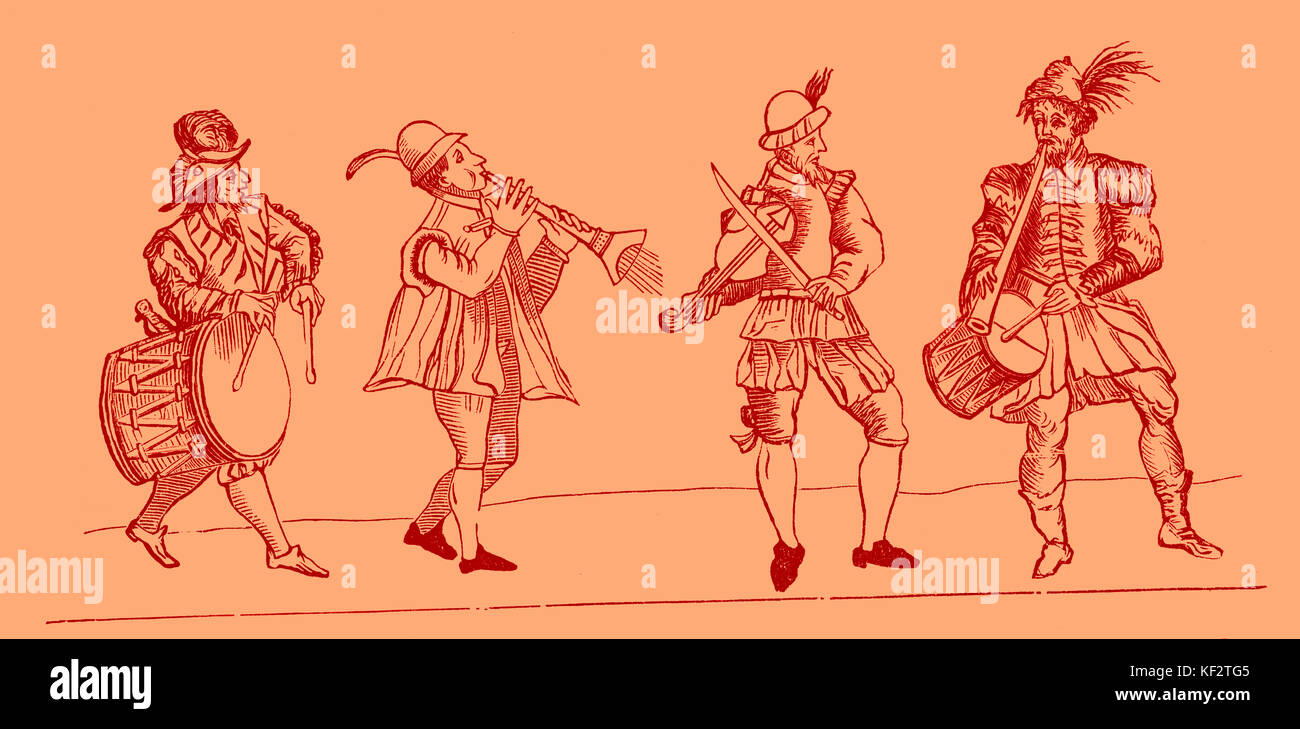 Les musiciens accompagnant la danse, copie d'une gravure en Thoinot Arbeau Orchésographie 'la', une étude de fin du xvie siècle de danse sociale de la Renaissance française. Clerc et écrivain français, de son vrai nom Jehan Tabourot, 17 mars, 1519 - 23 juillet, 1595. Banque D'Images
