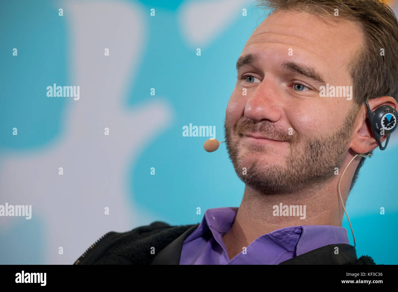 Nick vujicic, un entraîneur et un orateur de motivation, né avec le syndrome de tétra-Amelia, donne une conférence de presse à Sotchi, Russie Banque D'Images