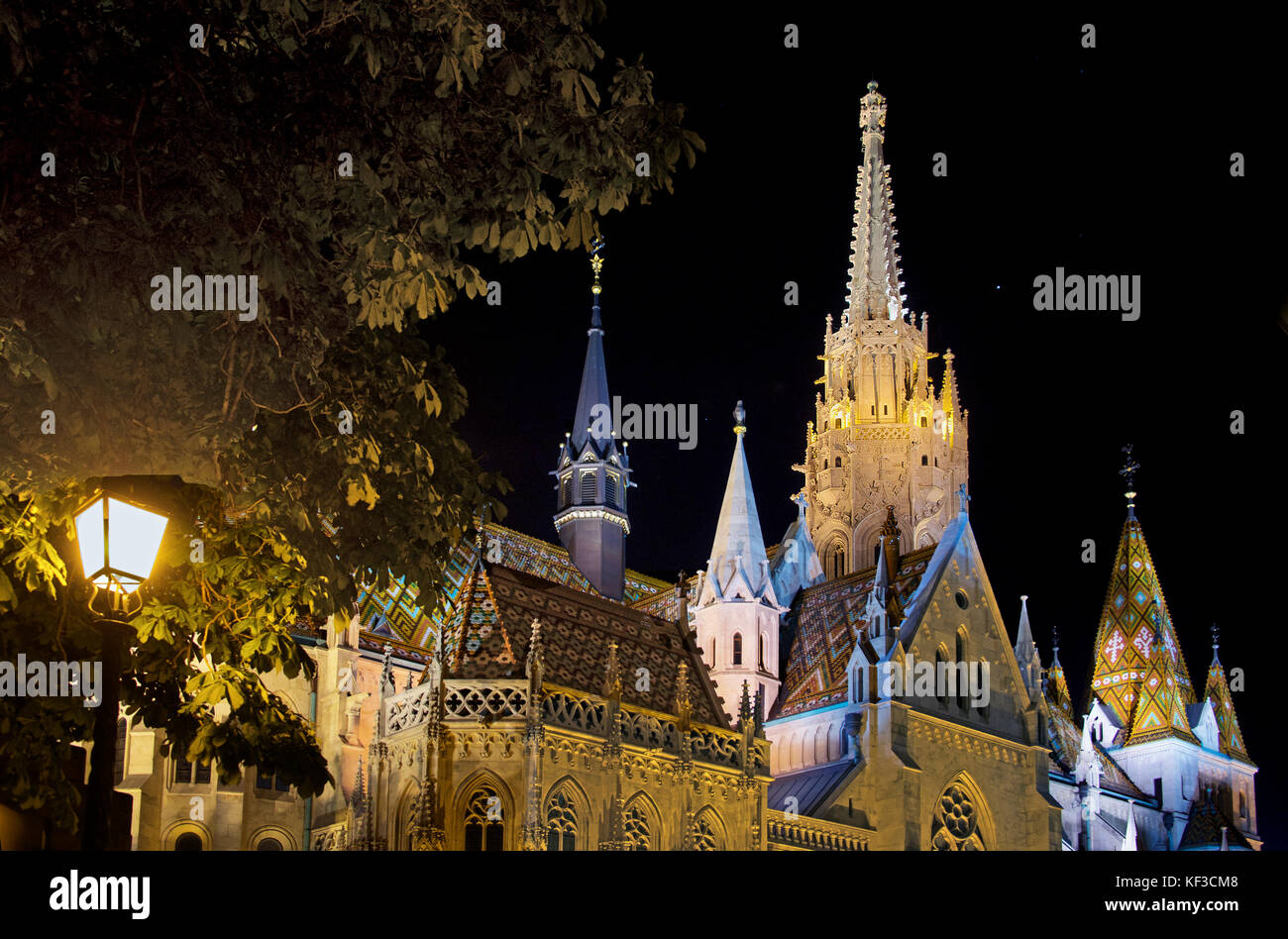 Tour éclairé et le toit de l'Église Matyas la nuit Quartier du Château de Buda Budapest Hongrie supérieure Banque D'Images