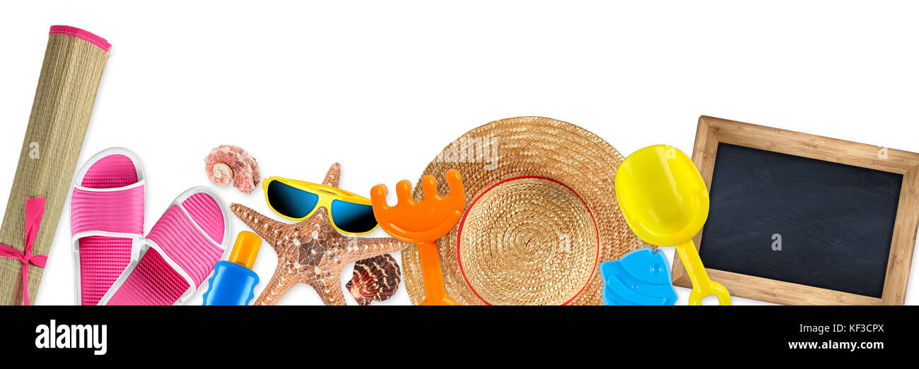 Fournitures d'accessoires de plage et de mer coquille blank chalkboard with copy space concept contexte panorama tourisme isolé Banque D'Images
