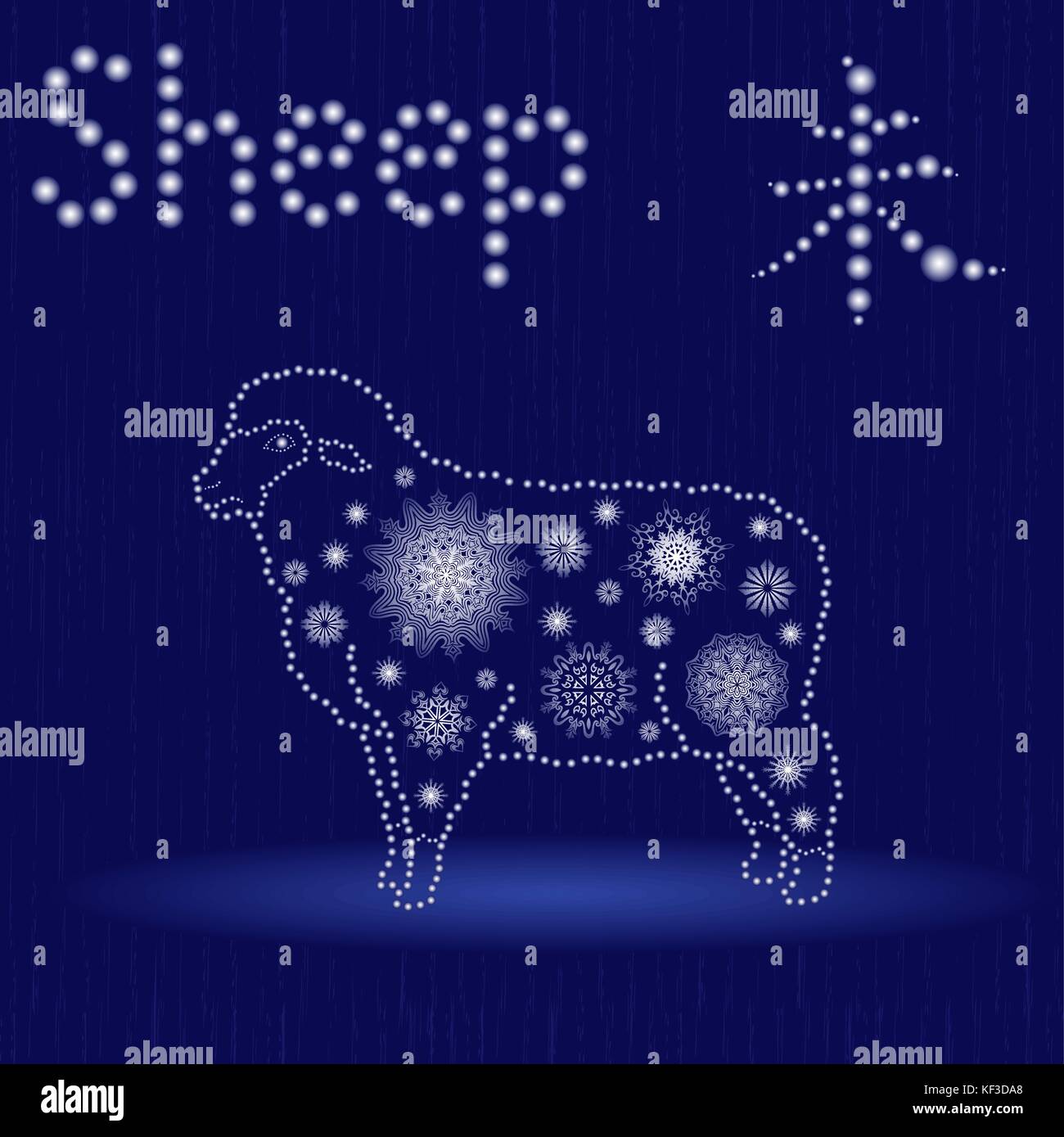 Signe du Zodiaque Chinois les moutons, élément fixe la terre, symbole de la nouvelle année sur le calendrier oriental, hand drawn vector illustration avec des flocons de neige et la lumière s Illustration de Vecteur