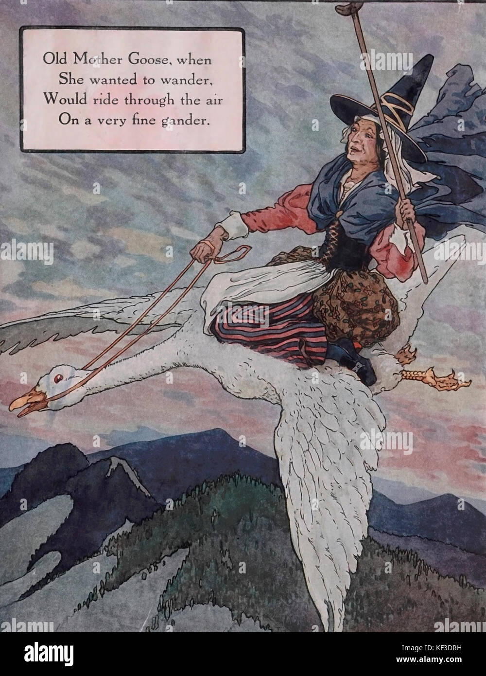 Vieille Mère l'OIE, quand elle voulait se promener, rouler à travers l'air sur une très fine Gander - Mother Goose Comptine Banque D'Images