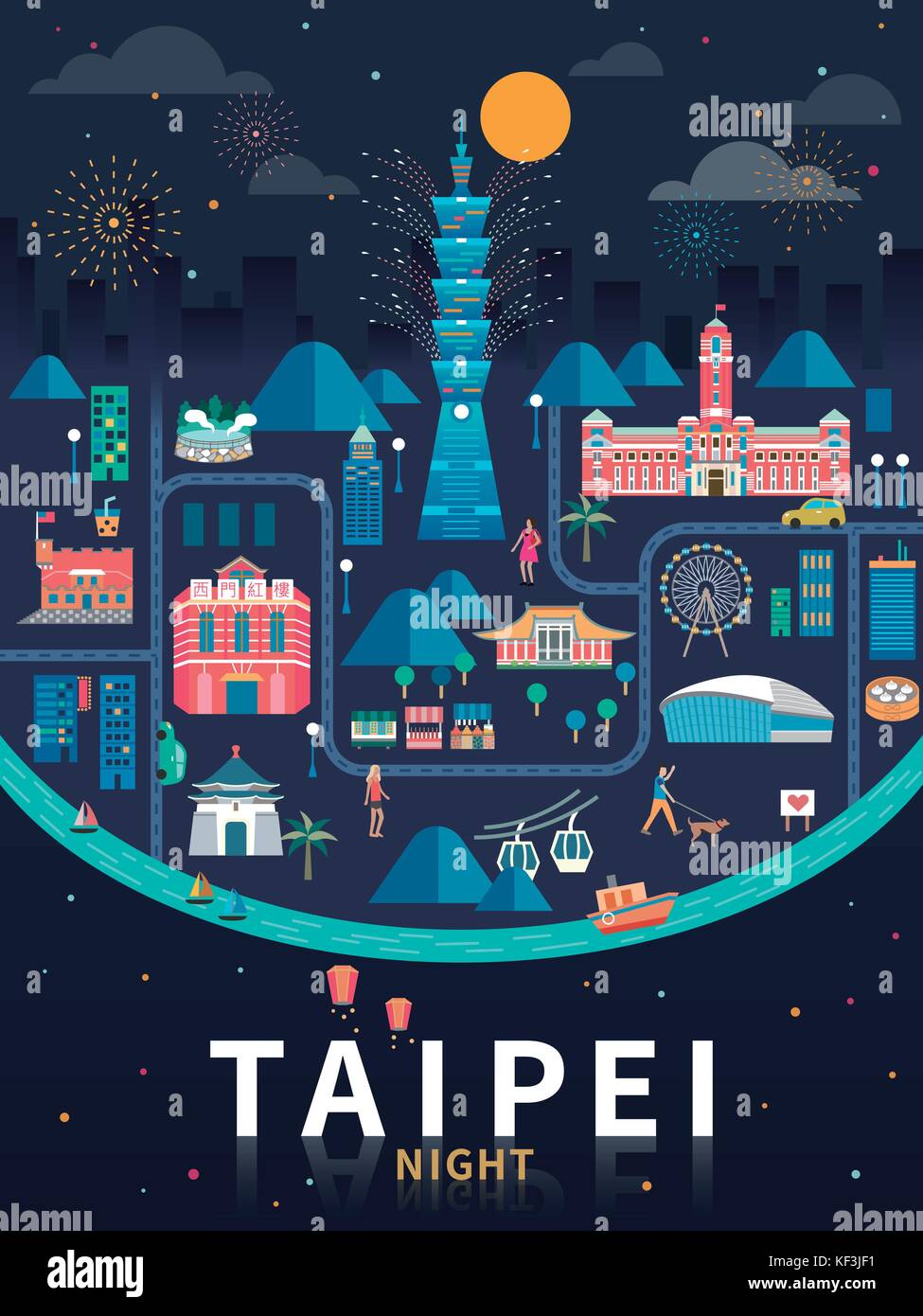 Nuit de Taipei, Taiwan design plat travel concept illustration avec des sites célèbres dans la nuit Illustration de Vecteur