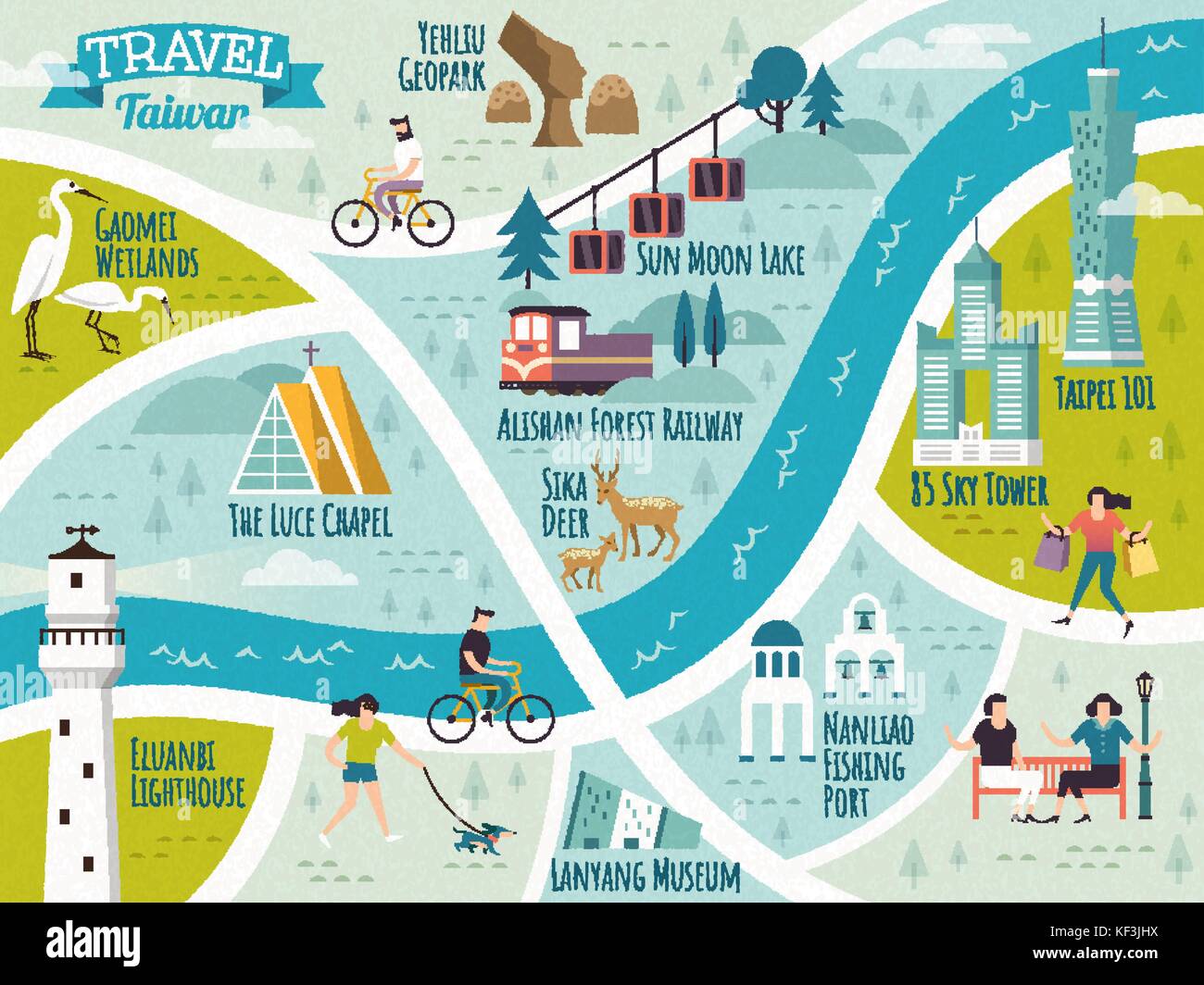 La carte de voyage de Taiwan, belle route de célèbre de voyage Illustration de Vecteur